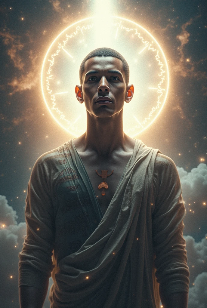 (radagon),dorado,Create a highly detailed and atmospheric digital painting of a cosmic dark entity meditating in a lotus position on the surface of a barren planet. The entity has a shadowy, featureless face and a muscular humanoid body covered in dark organic tendrils that appear to flow and twist around it.. A bright red crystal is embedded in his chest, pulsating with dark energy. Above the head of the entity, A spinning purple and black cosmic vortex with a glowing mystical orb at its center radiates power, Shedding an ethereal light. The background features a vast star-filled galaxy with purple nebulas and distant cosmic phenomena., creating a sense of infinite space and power. The lighting is dark and sinister, and the main sources of light are the glowing red crystal and the mystical orb. The overall color palette is dominated by deep purples., black and touches of red, evoking a sense of cosmic mystery and power.