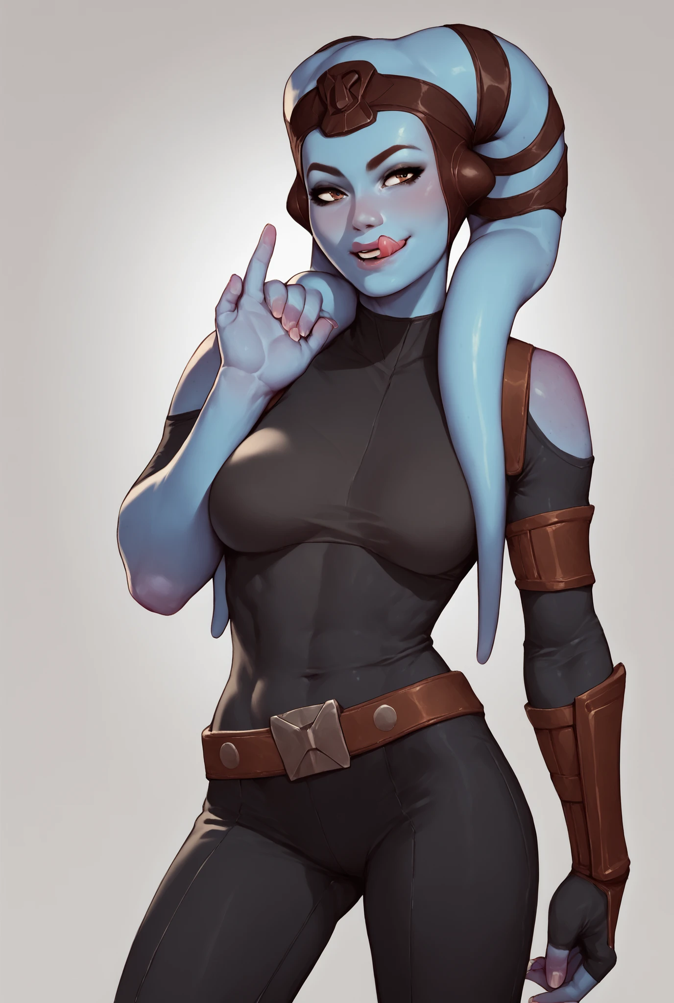 Twi'lek, dark blue skin, medium breasts, licking lips, black bodysuit, shoulderpads, seductive, belt, beckoning viewer with finger,