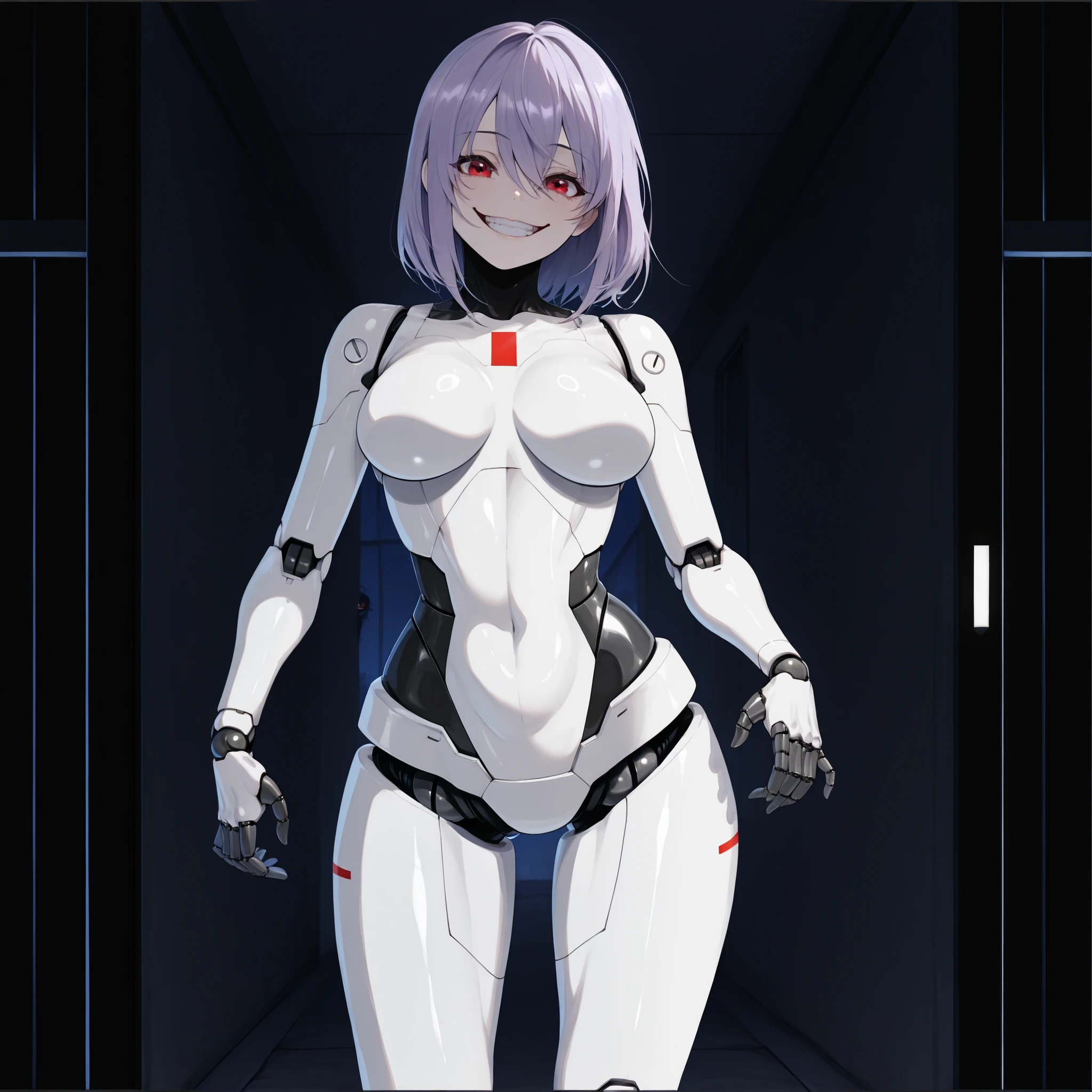 score_9, score_8_up, score_7_up, 1women, solo, solo_focus, "(facing_towards_viewer:1.2), (Sleek_white_feminine_robotic_body_with_black_sections_on_hips: 1.2), , (soft_lavender_WAVY_FLUFFY_bob_hair: 1.2), (head_tilted_super heavily_to_side almost at a 90 degree angle: 1.3), (Crimson_eyes: 1.2), (big excited closed mouth showing teeth creepy scary smile: 1.2),(small_RED_SQUARE_right_above_chest: 1.1) (C-cup_breasts: 1.2), (BLACK_ROBOTIC_NECK: 1.2) (SYNTHETIC_BLACK_MATERIAL_ON_WAIST: 1.2), robotic_hands: 1.2, (standing_straight: 1.2), (arms_at_sides: 1.2), (Caucasian_skin_Human_head_on_robot_body:1.2), (Robotic_joints: 1.2), (in a super dark modern concrete house hallway at night: 1.2), (place) dark_cold, super creepy looking, creepy dangerous vibe, NIGHT TIME, dark, very dark, (night: 1.5) 4K, masterpiece, high_detail, cowboy_shot, good_eyes,