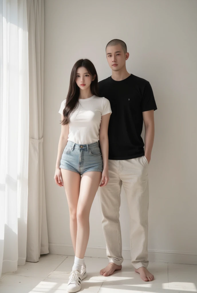 highly detailed ，（reality：1.6），8k , highest quality, （original photo：1.5），((male and female couple:1.3))、((standing:1.5))、（Boy kisses girl：1.2）、（boy wearing shorts、muscular boy、abdominal muscles：1.6）、（The girl is wearing a dress、huge breasts、Long curly hair、Perfect body、slender legs、Sexy high heels：1.2），kiss