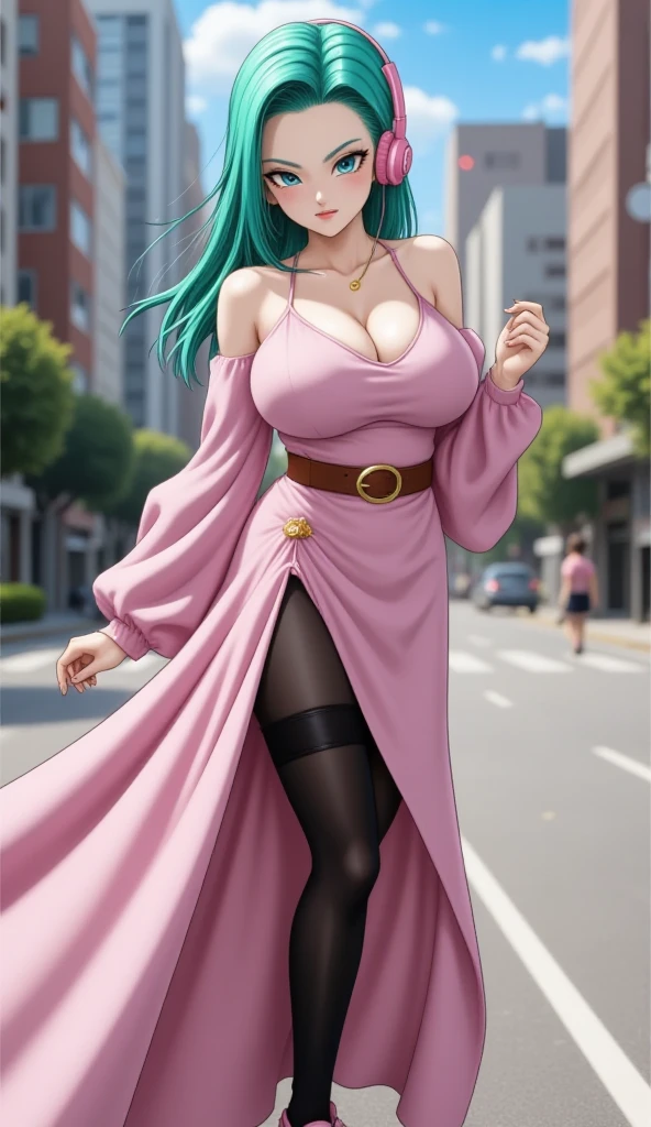 green hair,blue eyes, dress, panties, big boobs, billie eilish face, hands up, upskirt, from below, angry eyes, open mouth, look at camera, in street