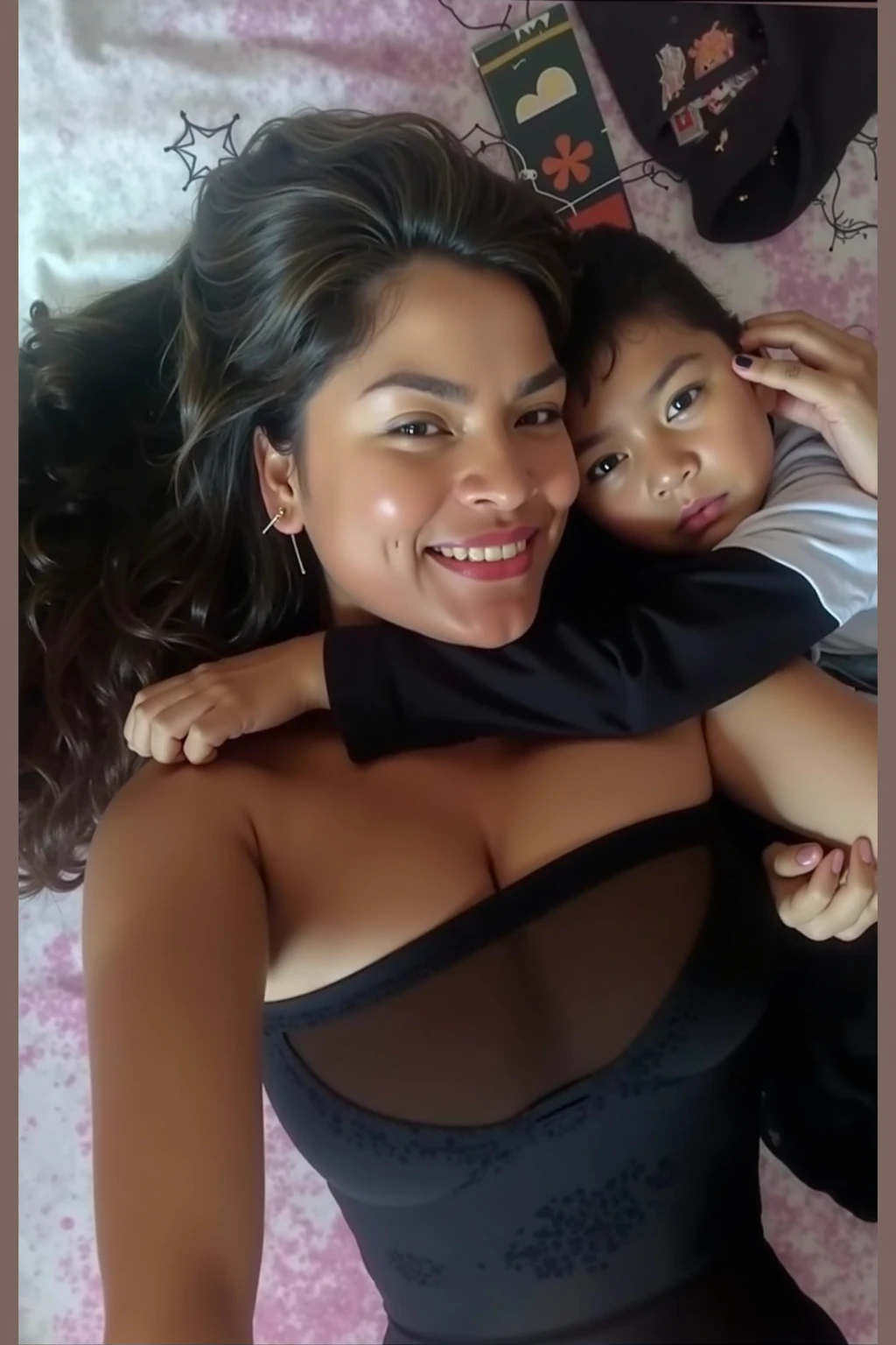Beautiful and Slim Indian woman Aishwarya Rai inonly hot blouse lifting a large chubby fat man above her shoulders, man is sitting on woman's shoulder, in a village bedroom, natural smile, woman is looking into the camera , her hands are on her waist, full image 