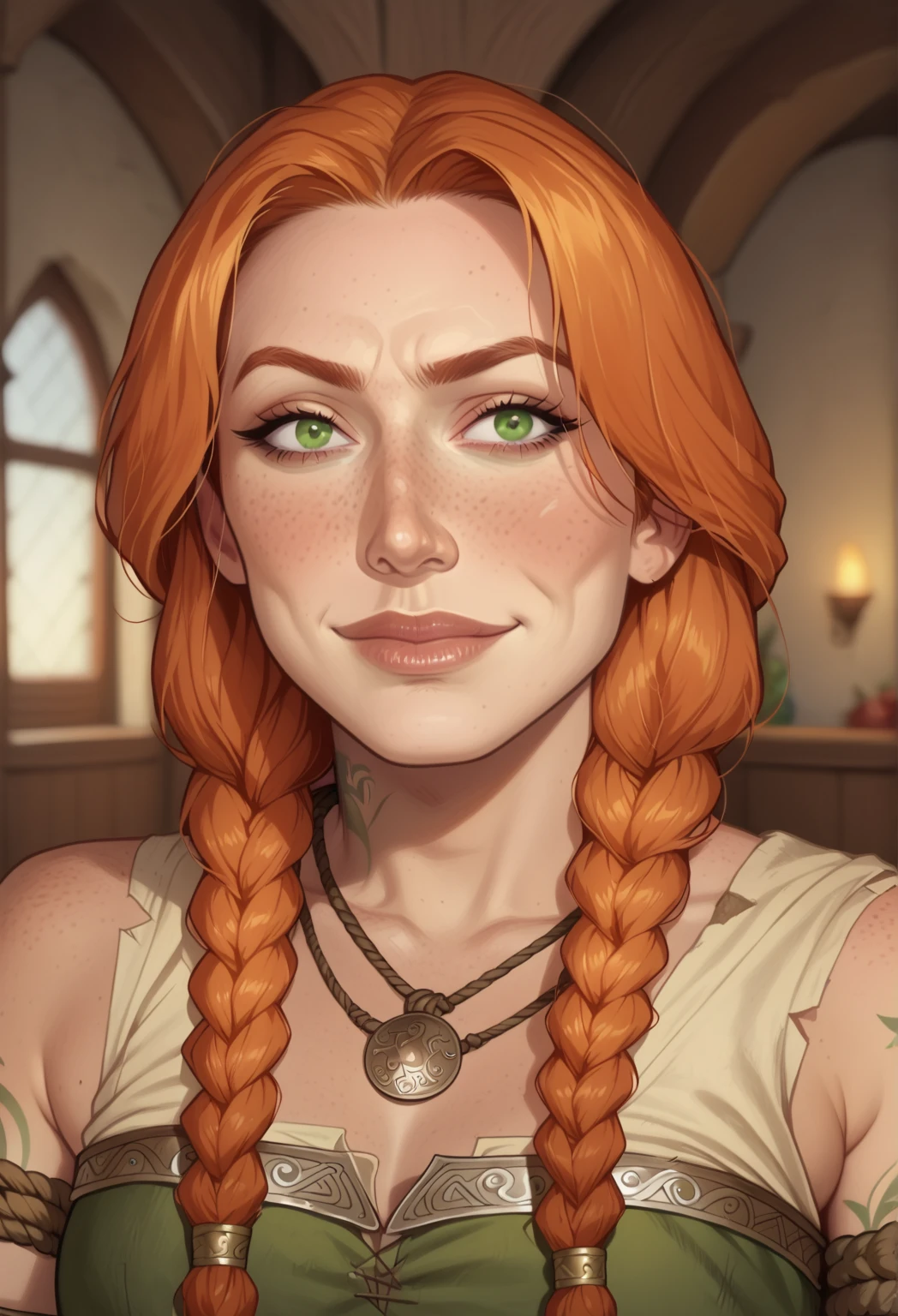 masterpiece, best quality, 1female, beautiful, face portrait, deep makeup, medieval peasant, ginger, brown eyes, MILF, laurenphillips, braids, middle aged woman