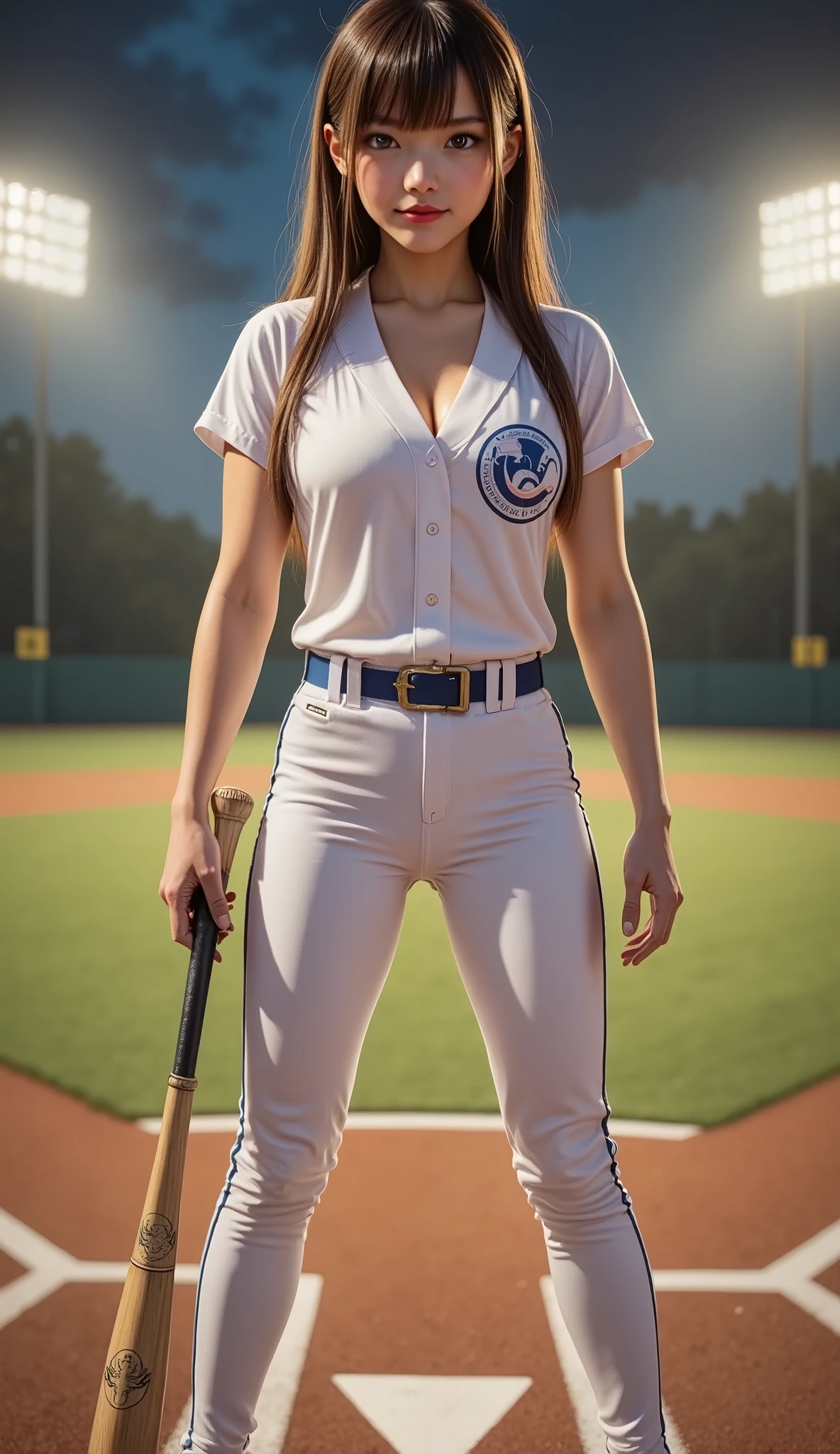 An attractive woman with long red hair, youthful face, Ponytail hair, curvy, woman holds base bat, baseball player, outfit, baseball uniform, baseball uniform blue, ultra realistic