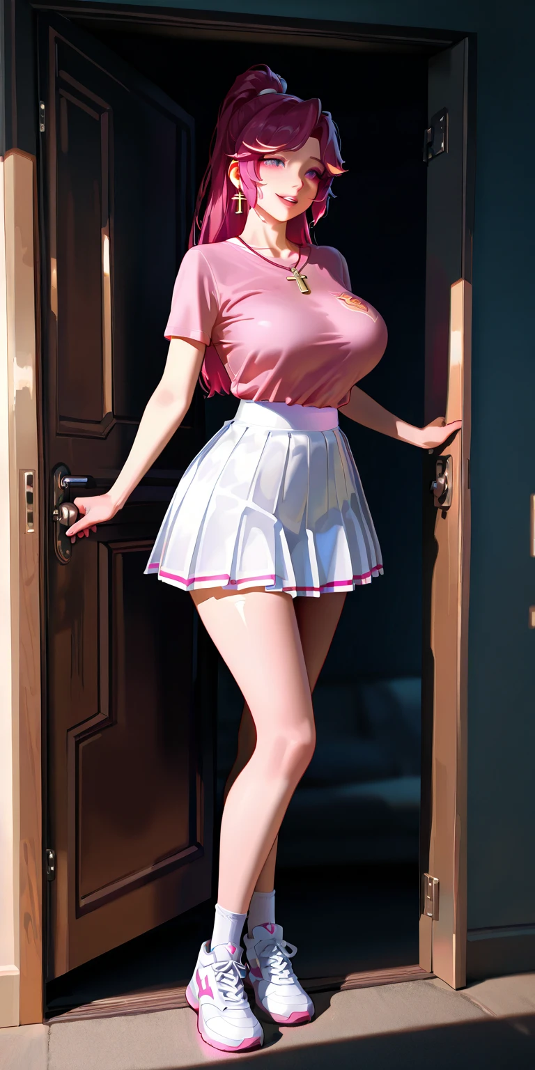 dressed like a slutty whore, with huge breasts, ultra-short skirt hiked up showing her pussy, posing horny standing,