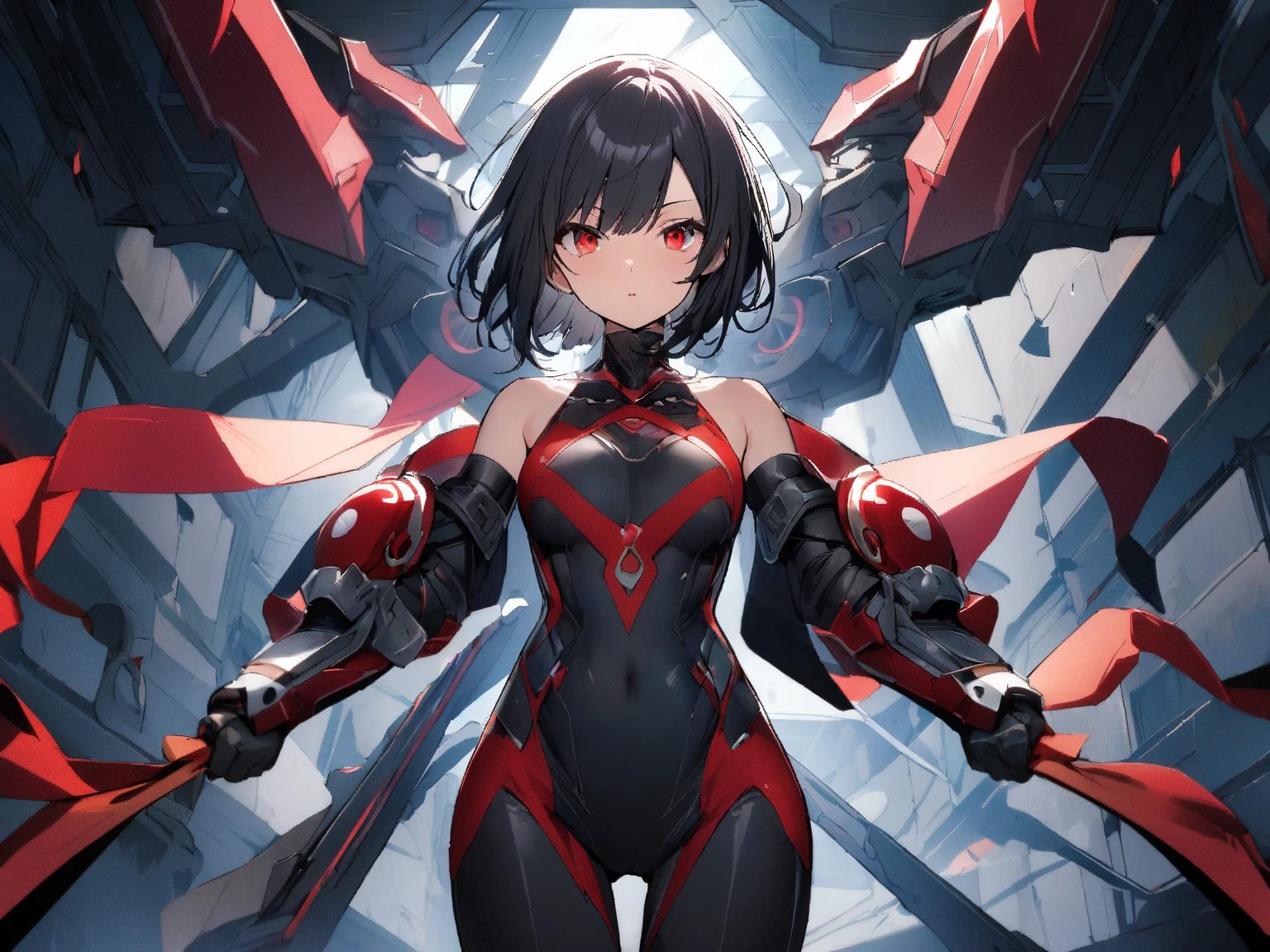 evil smile, blush, evil dashed eyes, embarrassed, bob cut, indigo hair, (messy hair), (pantyhose), gleaming skin, in heat, blunt bangs, high resolution, full body, Armor over a red High-cut leotard, from front, grin,white teeth, 1girl