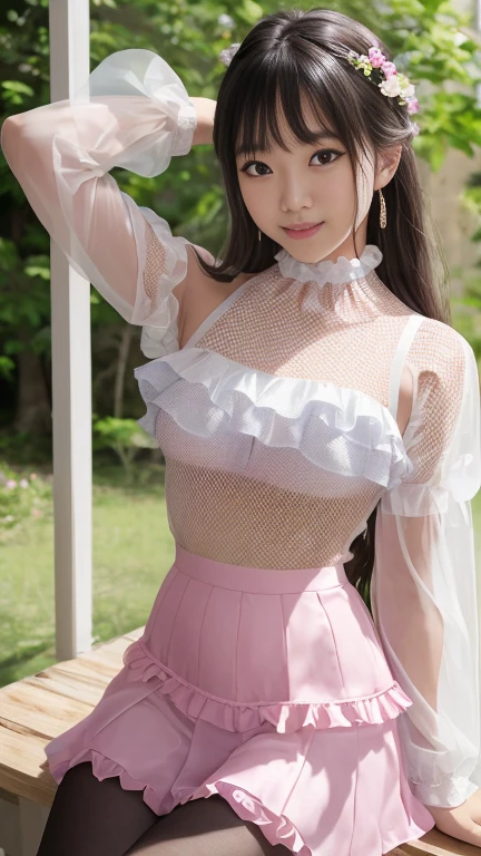 (highest quality、8K、At 32K、masterpiece、ticker:1.2),{18 year old high school girl:,A smile},{{(See-through:tight:No sleeve:Lanche)}}woman wearing::pink panties}、(Are standing)