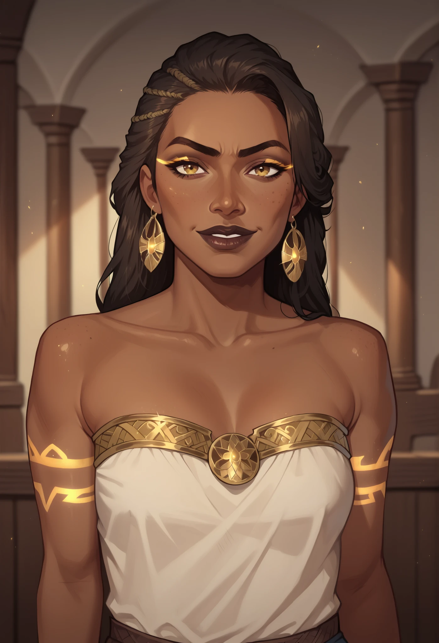 (((beautiful, high quality, comics style, detailed face))), score_9, score_8_up, score_7_up, masterpiece, best quality, unrealistically high details, extremely high quality, ultra-high detail, good anatomy, rating_explicit, perfect anatomy, anatomically correct hands:1.5, blurred background, detailxl, DeepNegative_xl_v1, zPDXL3, Score_PnyReal, deep_negative_pony, cowboy shot:1.5 BREAK human, solo1:3, 1woman, African appearance, smirking and sultry, ((very dark skin)), dark lips, afro hair, golden glowing markings on skin, smiling, long eyelashes, collarbone, eyeliner, makeup, fantasy, primitive clothing, ragged clothing, worn cloth, viking clothing BREAK (face near viewer), (expressive face, expressive body, expressive emotions, dynamic pose, detailed facial expression, engaging presence)