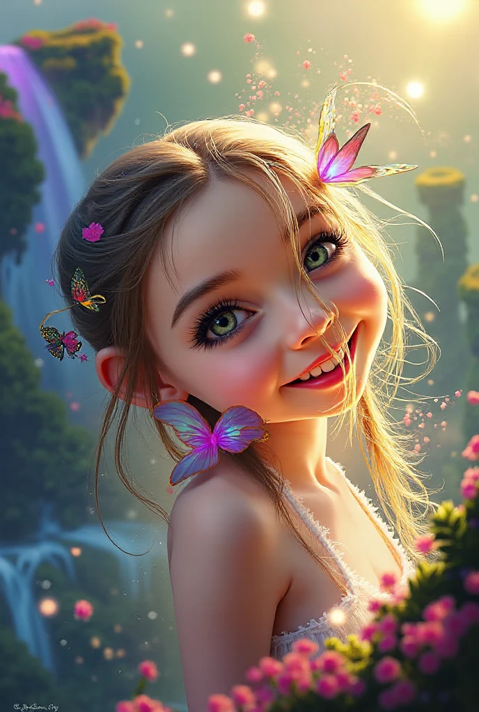 As the camera zooms in on the young European girl's face, her radiant joy is evident, with sunlight filtering through the treetops and casting warm dappled patterns on her skin, a small butterfly perched gently on her shoulder, and the distant echoes of laughter and playful splashes from a nearby riverbank, Illustration, digital painting with a soft color palette