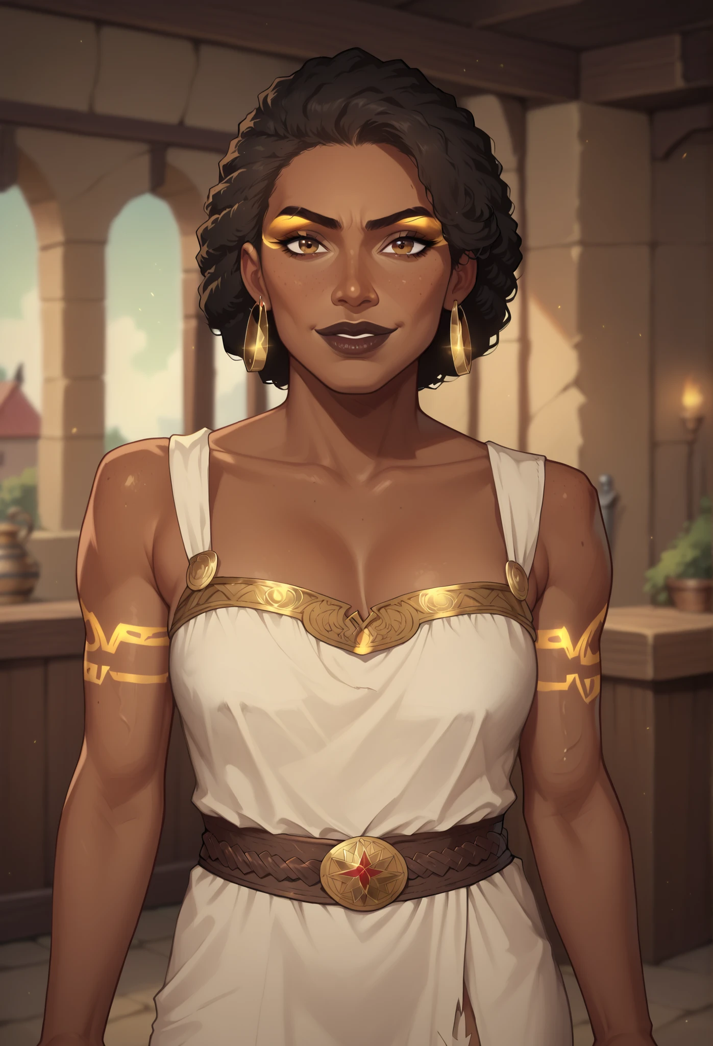 (((beautiful, high quality, comics style, detailed face))), score_9, score_8_up, score_7_up, masterpiece, best quality, unrealistically high details, extremely high quality, ultra-high detail, good anatomy, rating_explicit, perfect anatomy, anatomically correct hands:1.5, blurred background, detailxl, DeepNegative_xl_v1, zPDXL3, Score_PnyReal, deep_negative_pony, cowboy shot:1.5 BREAK human, solo1:3, 1woman, African appearance, smirking and sultry, ((very dark skin)), dark lips, afro hair, golden glowing markings on skin, smiling, long eyelashes, collarbone, eyeliner, makeup, fantasy, primitive clothing, ragged clothing, worn cloth, viking clothing BREAK (face near viewer), (expressive face, expressive body, expressive emotions, dynamic pose, detailed facial expression, engaging presence)