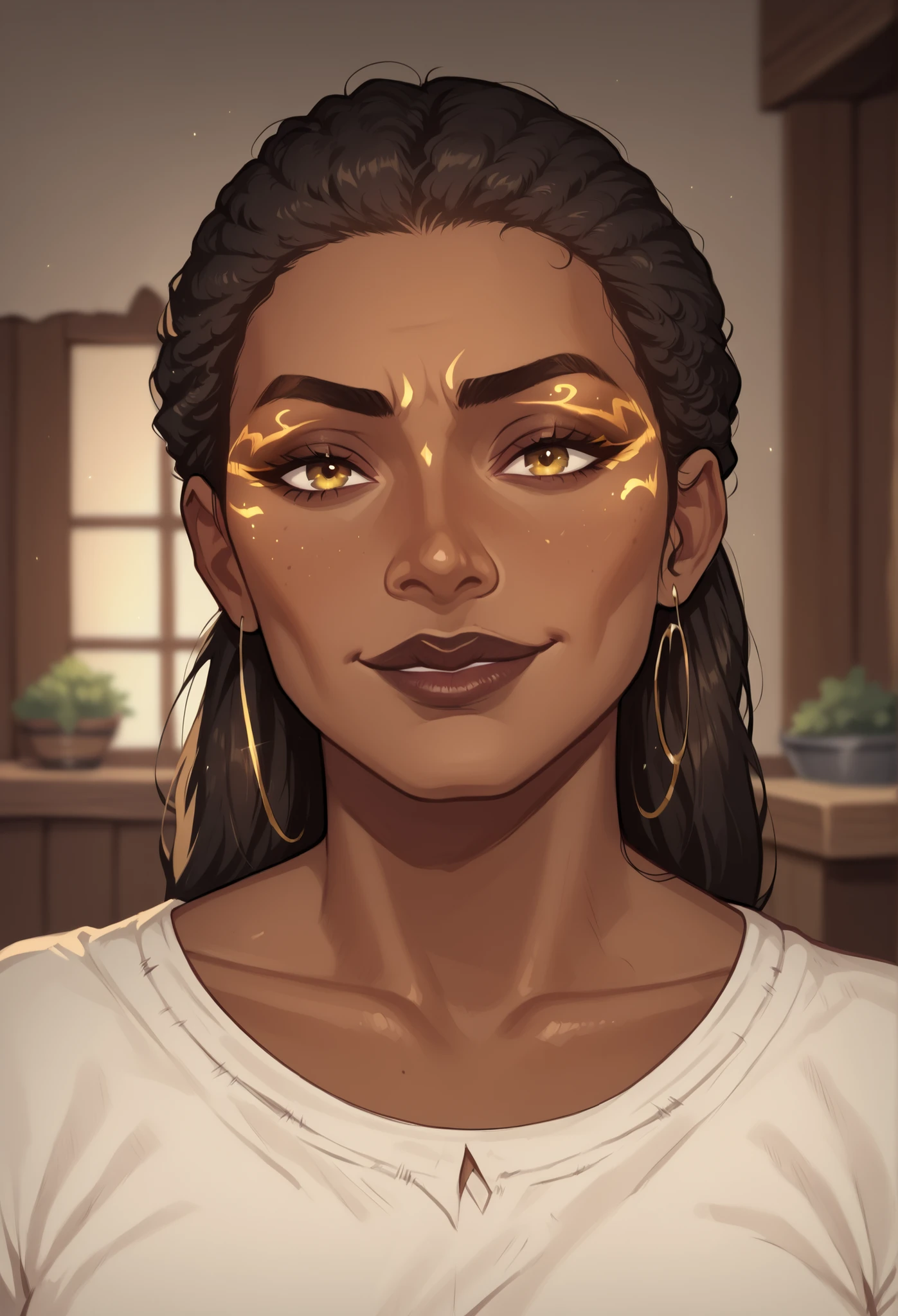 (((beautiful, high quality, comics style, detailed face))), score_9, score_8_up, score_7_up, masterpiece, best quality, unrealistically high details, extremely high quality, ultra-high detail, good anatomy, rating_explicit, perfect anatomy, anatomically correct hands:1.5, blurred background, detailxl, DeepNegative_xl_v1, zPDXL3, Score_PnyReal, deep_negative_pony, cowboy shot:1.5 BREAK human, solo1:3, 1woman, African appearance, smirking and sultry, ((very dark skin)), dark lips, afro hair, golden glowing markings on skin, smiling, long eyelashes, collarbone, eyeliner, makeup, fantasy, primitive clothing, ragged clothing, worn cloth, viking clothing BREAK (face near viewer), (expressive face, expressive body, expressive emotions, dynamic pose, detailed facial expression, engaging presence)
