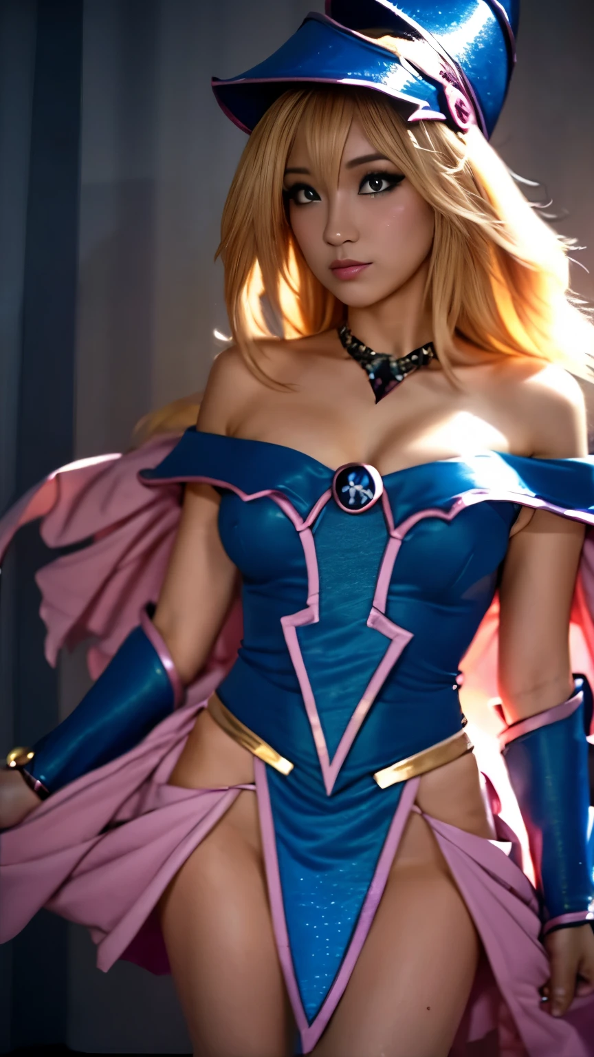 Dark Magician Girl, mystical magical background , mysterious magical background ,miniskirt、white panties、 Sensual Poses to Rub Your Thighs, dark heart in the air , detailed face, Beautiful Tongue, fellatio face、detailed eyes, detailed lips, splendid armor studded with jewels , Shining Magical Energy, dramatic lighting, cinematic composition, Fantasy Art Style, Moody color scheme, dramatic shadow , Ethereal vibe, photorealistic render, high resolution, best quality, masterpiece, realistic, ((cute face)), Japanese idols,Big Breasts, night , Looking into the Distance, face focus