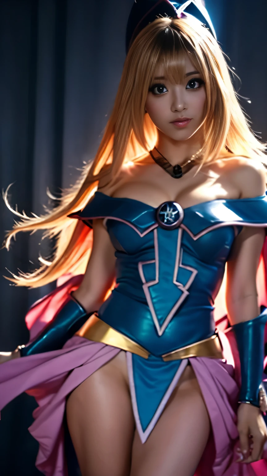 Dark Magician Girl, mystical magical background , mysterious magical background ,miniskirt、white panties、 Sensual Poses to Rub Your Thighs, dark heart in the air , detailed face, Beautiful Tongue, fellatio face、detailed eyes, detailed lips, splendid armor studded with jewels , Shining Magical Energy, dramatic lighting, cinematic composition, Fantasy Art Style, Moody color scheme, dramatic shadow , Ethereal vibe, photorealistic render, high resolution, best quality, masterpiece, realistic, ((cute face)), Japanese idols,Big Breasts, night , Looking into the Distance, face focus