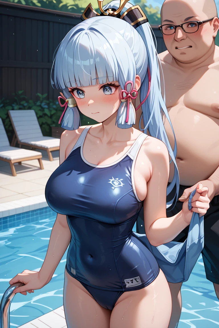 (1 boy and 1girl are having sex), school swimsuit,Silver braided short bob,highest quality,masterpiece,Large Breasts,Embarrassing,Surrounded by the penises of three men