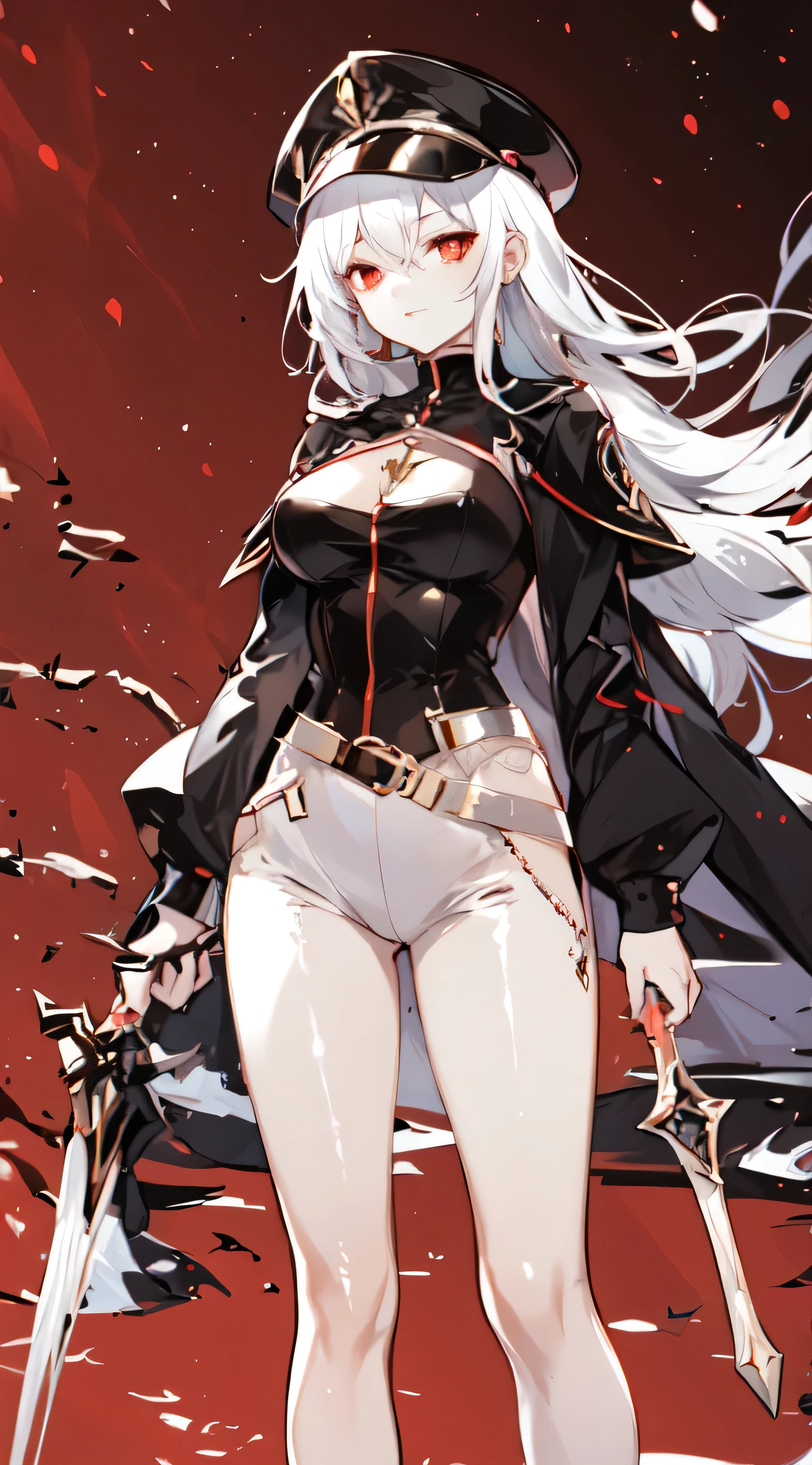 "An elegant and mature woman with long white hair attached, bright and pointed red eyes, porte une jupe noire court dans le dessert et a l’air cool."