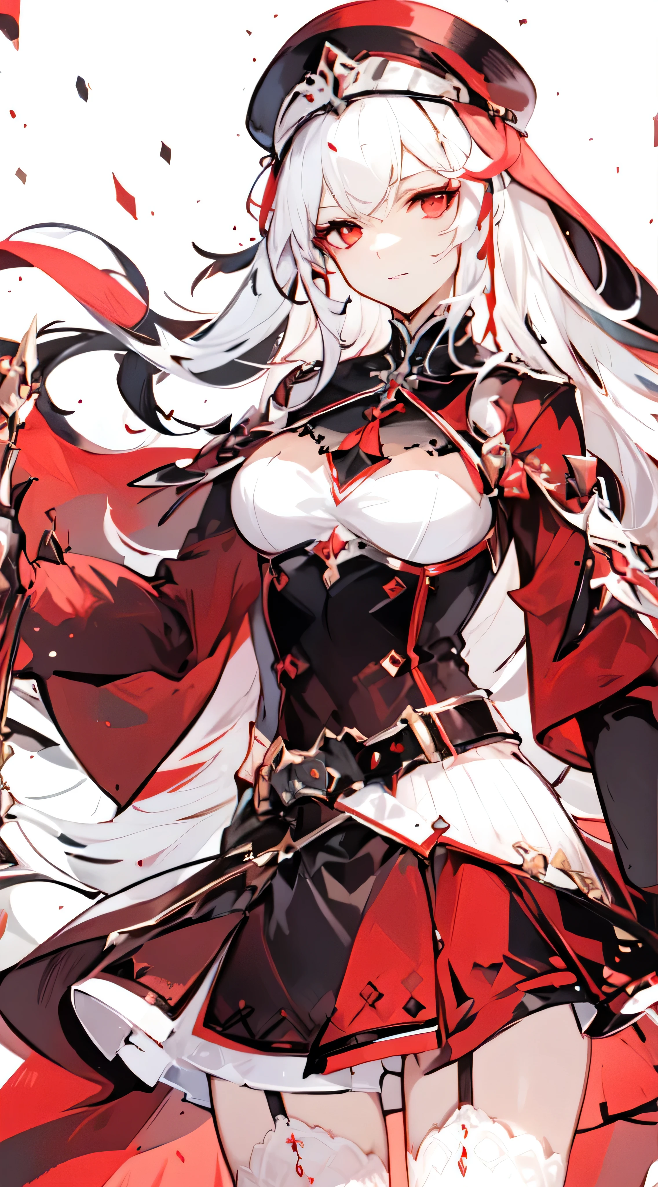 "An elegant and mature woman with long white hair attached, bright and pointed red eyes, porte une jupe noire court dans le dessert et a l’air cool."