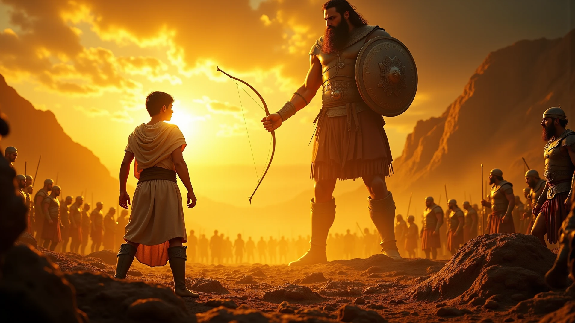Imagine uma cena épica e intensa que captura o momento crucial da luta entre Davi e goliath. En el centro de la imagen, Davi, a young shepherd, is in a position of attack, holding a slingshot with a stone in one hand. Your gaze is determined and full of courage, and he is dressed in simple shepherd's clothes, with a cloak that flutters lightly in the wind. Ao fundo, we can see a vast battlefield, with a crowd of Israelites and Philistines watching in anticipation.
In front of you, goliath, an imposing giant, rises like a mountain of strength. He is depicted in shining armor, holding a huge spear, that looks almost disproportionate in your hands. Your face is a mask of contempt, as he laughs disdainfully at his opponent. A expressão de Davi contrasta com a de goliath, showing not only the bravery of the young man, but also confidence in your faith.
Ao fundo, The sky is laden with dark clouds, creating an atmosphere of tension and drama, as rays of light illuminate the figure of David, symbolizing your inner strength. The surrounding terrain is rugged, with stones and grass, where the marks of the previous battle are still visible. This image should capture the essence of the struggle between good and evil., courage in the face of adversity, and the faith that can move mountains.
