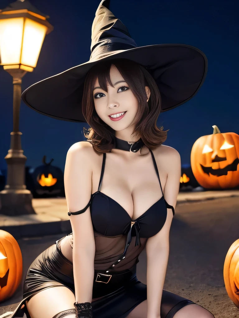 ((Best Quality, 8K, Masterpiece: 1.3)),Sharp: 1.2,Perfect Body Beauty: 1.4,cute girl,short hair,large breasts,Highly detailed face and skin texture,detailed eyes,double eyelids,smile,very short length yellow shirts with open chest,nipples through,((fantasy)),((witch)),sitting,spread legs,(wide shot)