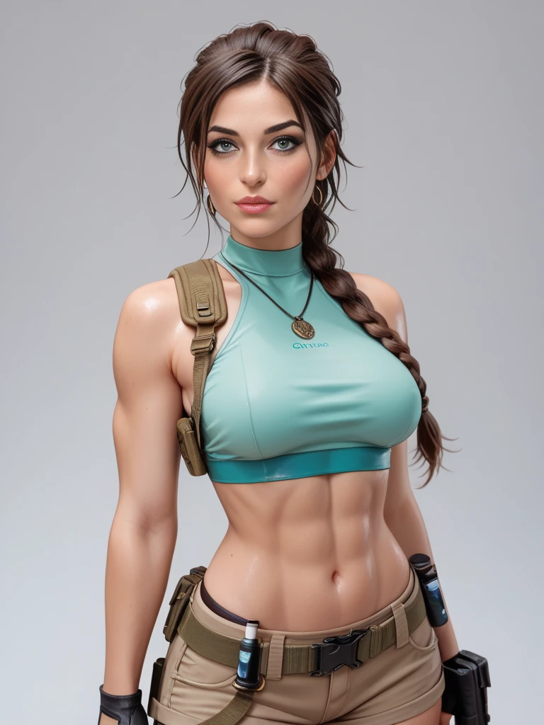 1 Mulher (Lara croft) de 22 anos segurando uma arma H&K USP Match - 9x19mm, Camisa regata em V de cor preta verde musgo, short curto jeans camuflado de cores escuras, Leather belt with tactical leg holster, 2 bolsos de couro no cinto, outra arma H&K USP Match - 9x19mm no coldre, Athletic lean body, corpo magro, ((seio pequeno)), (peito pequeno), Bracelete de armadura em couro marrom, mini computador de pulso no bracelete, Cabelos liso e preso com franjas separadas, Olhos cor ambar, pele branca, bota de couro preto