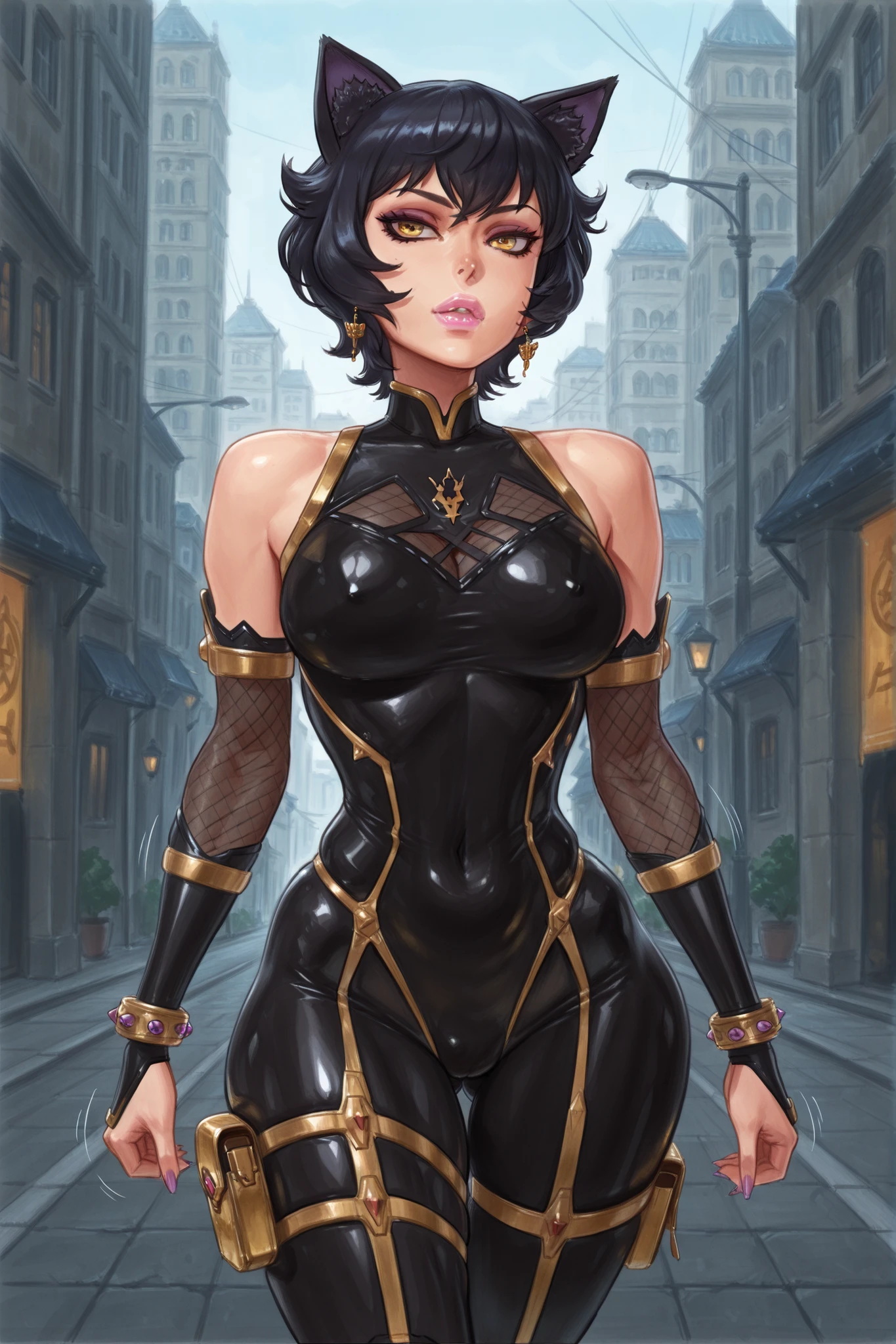 master piece, high quality, 4k uhd,hires,solo, kali belladonna, small pixie cut, pierced cat ears, black hair, slim_shoulders, black taimanin bodysuit, wide hips, yellow eyes, armored bodysuit, gold armor, thigh pouch, (skin_bulging_through_fishnets), bellow view, walking, fat mons, motion lines