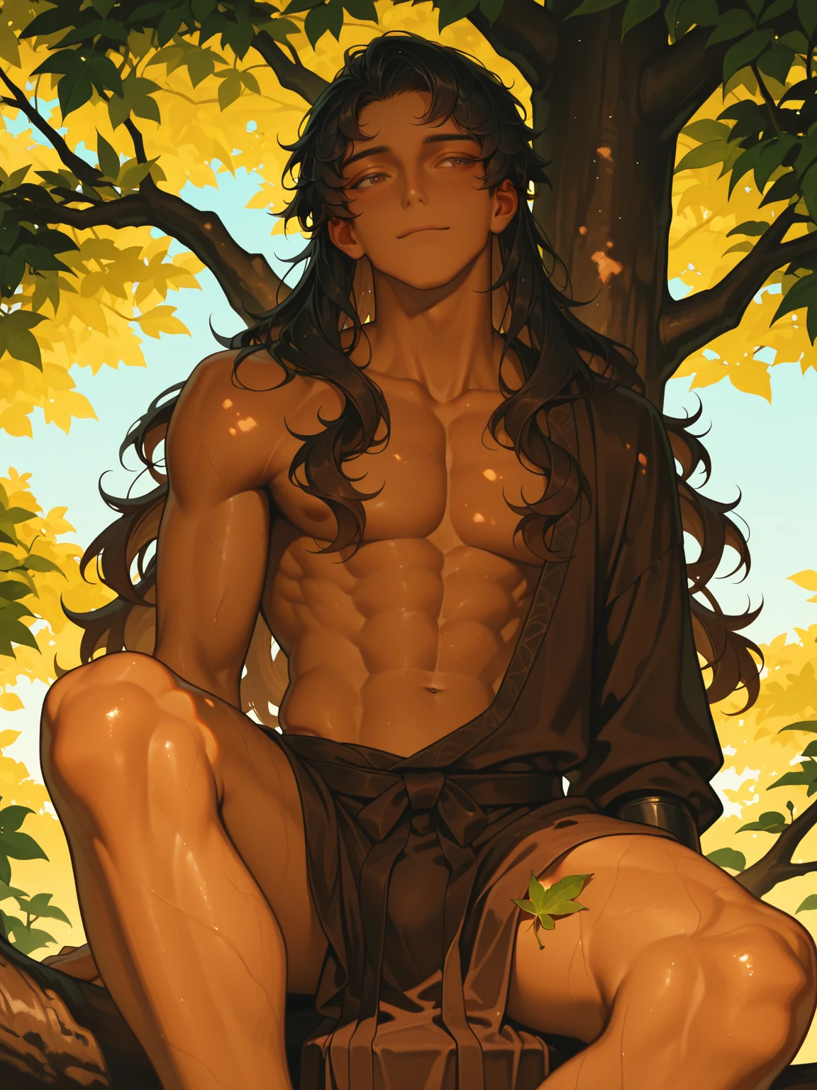 (Surrealism,8K, very high quality detailed animated illustration), (Sharp, dynamic angle: 1.0),NSFW,(Beautiful muscular face man with long face, abs and pecs, thick arms and legs, long black hair, sunflower field , straw hat, dick),