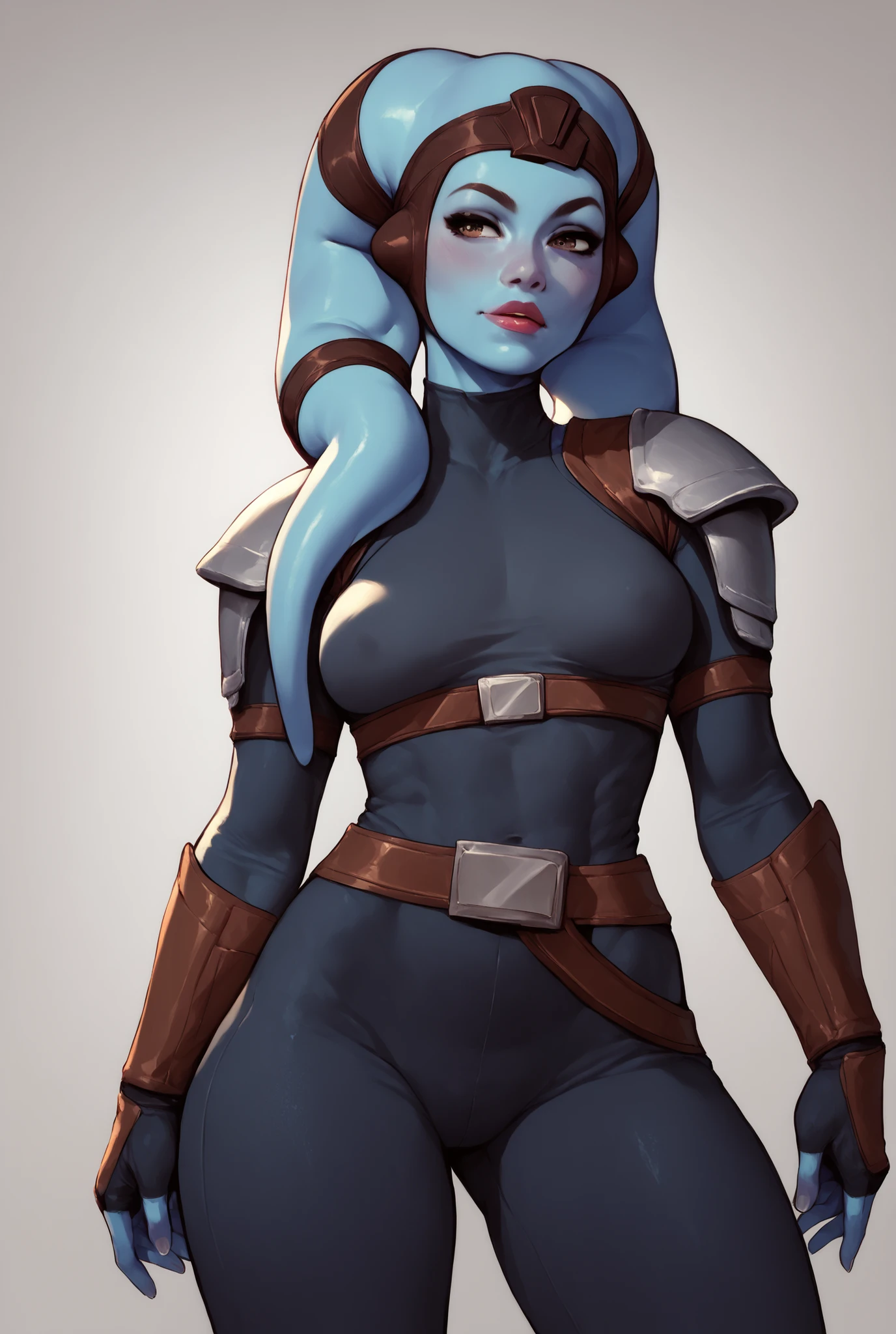 Twi'lek, dark blue skin, medium breasts, black bodysuit, shoulderpads, seductive, belt, thick thighs,