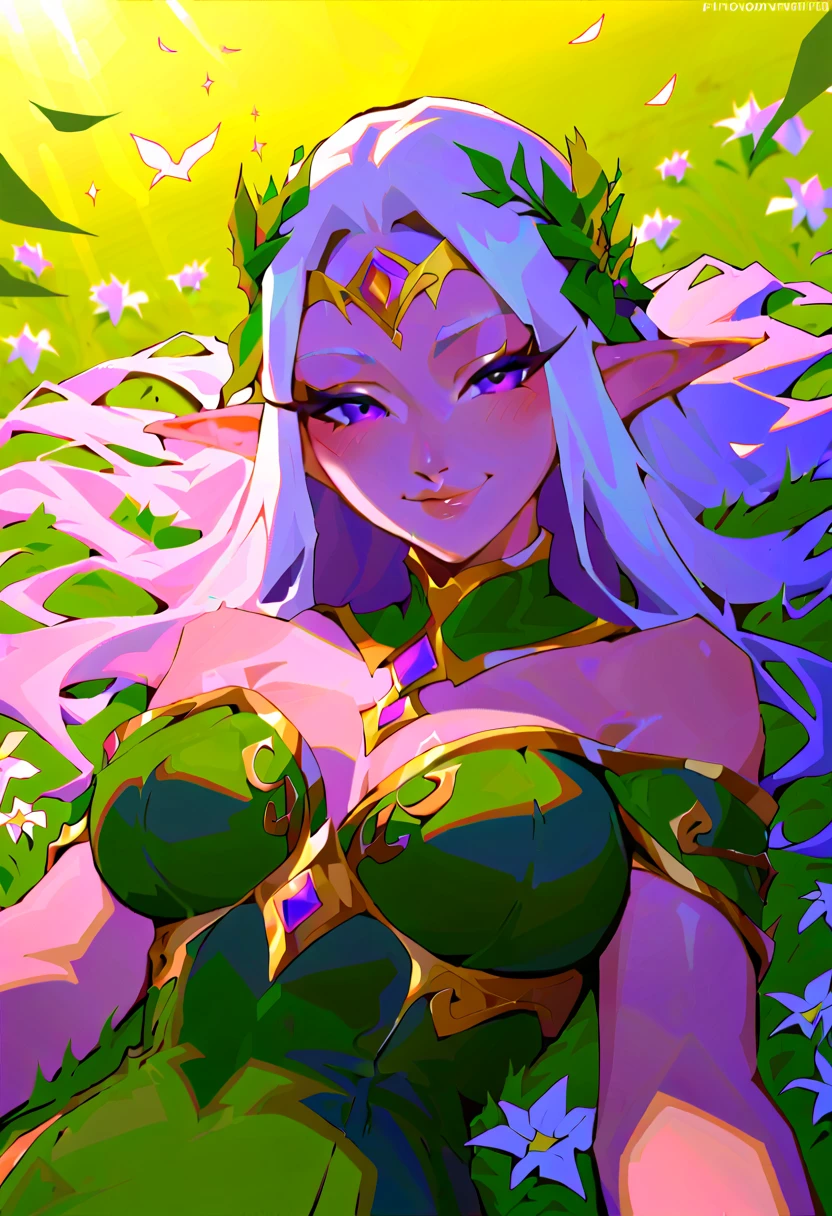 ((best quality)), ((masterpiece)), (detailed), ((( dark skin))), (elf woman), (blue eyes), (white hair), (green elven armor), (jungle background), (short hair), (((flower mage))), (((perfect face))), (full body), (perfect eyes), (perfect body), (large breast), (((perfect lips))), (big lips), (((pink lips))), (((green glitter magic in hand)))