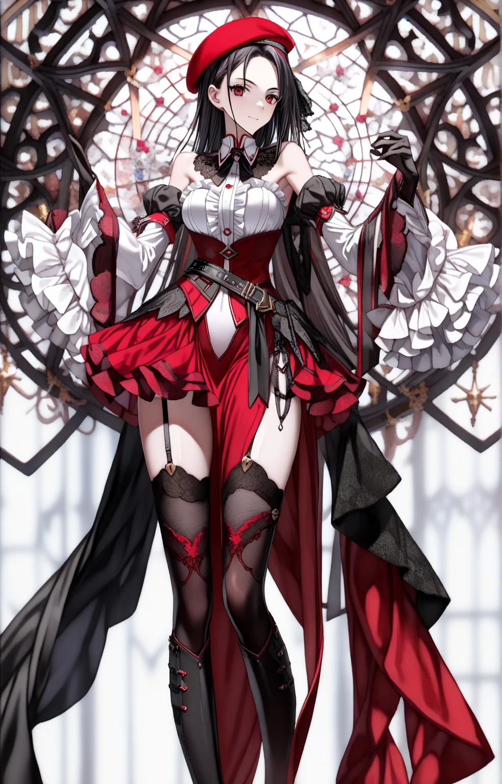 Remilia Scarlet, obscene pose, blue hair, obscene costume, Red eyes, wings, , evil smile, cinematic light, Black background, necklace, Domination, white stockings, gasped, Opening the leg, holding a skirt in his hands, You can see the underpants, choker on leg, full height