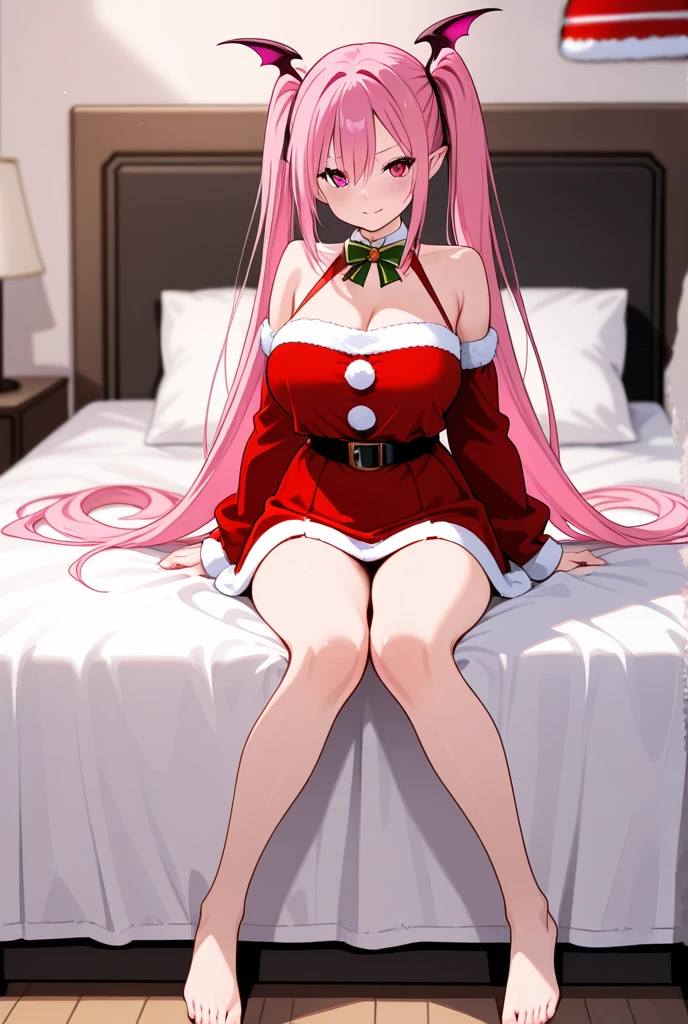 high school girl、Handcuffed wrists、Irritation、Santa Claus Costume、Sticking out tongue、Hot Face、Pink Hair、Bob Hair、Thigh sweat、choker、Big Breasts、bed、Lying on your back、Torn Stockings、White of the eyes