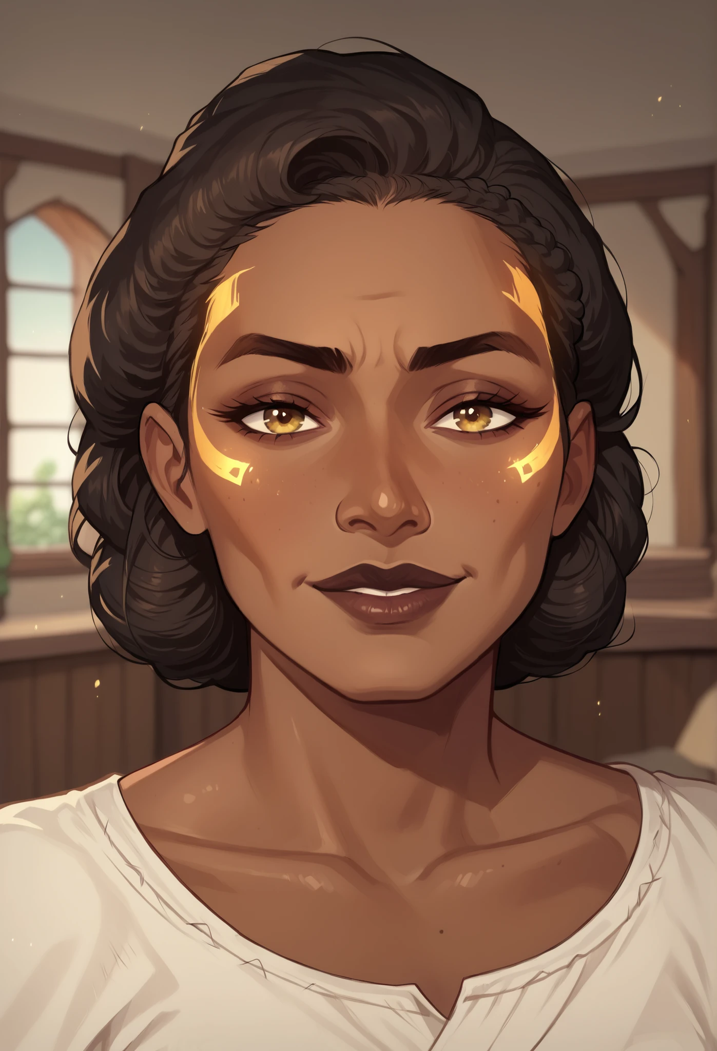 (((beautiful, high quality, comics style, detailed face))), score_9, score_8_up, score_7_up, masterpiece, best quality, unrealistically high details, extremely high quality, ultra-high detail, good anatomy, rating_explicit, perfect anatomy, anatomically correct hands:1.5, blurred background, detailxl, DeepNegative_xl_v1, zPDXL3, Score_PnyReal, deep_negative_pony, cowboy shot:1.5 BREAK human, solo1:3, 1woman, African appearance, smirking and sultry, ((very dark skin)), dark lips, afro hair, golden glowing markings on skin, smiling, long eyelashes, collarbone, eyeliner, makeup, fantasy, primitive clothing, ragged clothing, worn cloth, viking clothing BREAK (face near viewer), (expressive face, expressive body, expressive emotions, dynamic pose, detailed facial expression, engaging presence)