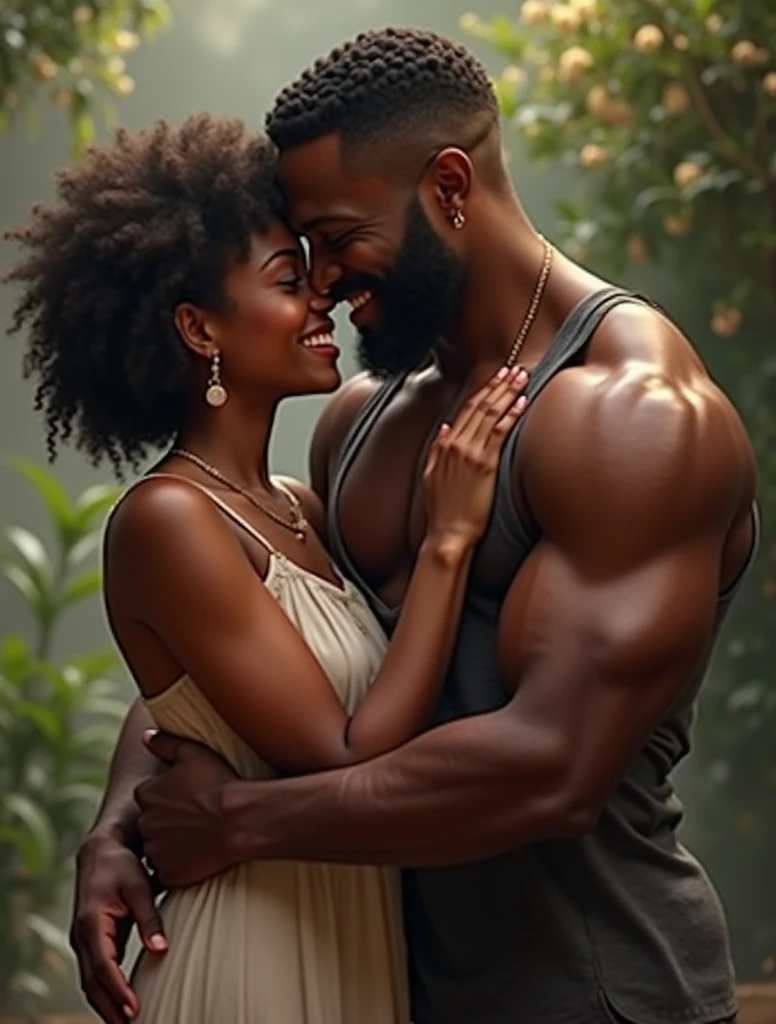 A wallpaper-sized photo of a happy couple looking at the camera, the man is taller than the girl, he has muscles and she has long curly hair