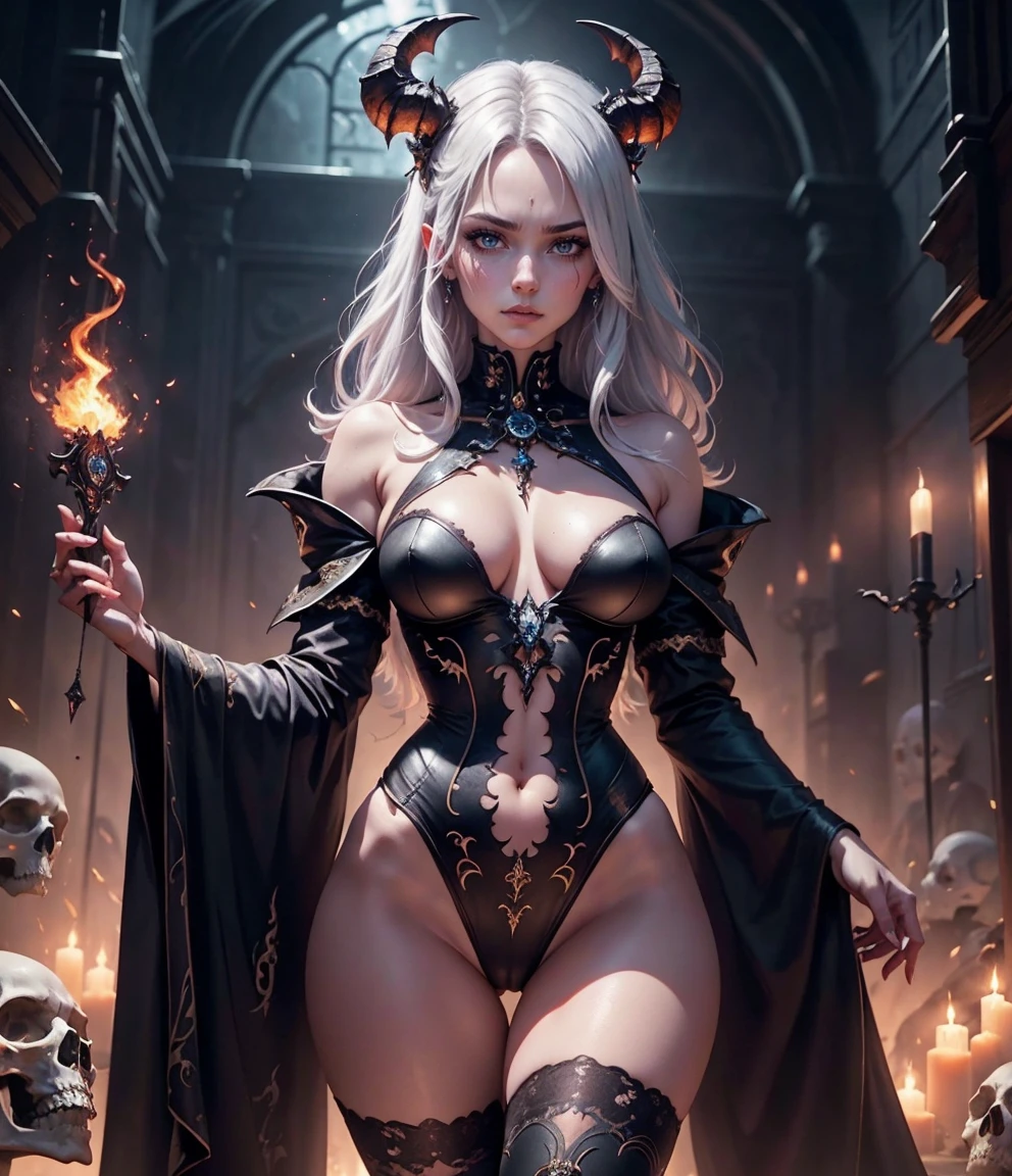 (masterpiece, best quality:1.4), (beautiful, aesthetic, perfect, delicate, intricate:1.2), (cute, adorable), (depth of field:1.2), cinematic shot, (1girl, solo), perfect female form, (perfect face, detailed face, full lips, glossy lips, black eyeshadow, eyeliner, expressive eyes, red glowing eyes. pointy ears), (long straight white hair), (huge natural breasts, narrow waists), (a demon woman with long curved horns), detailed delicate black and gold cape, walking through the ruins, at night, (horror art:1,3), (dark colors:1,2), (fighting sequence), (skull ornaments), (cowboy shot),