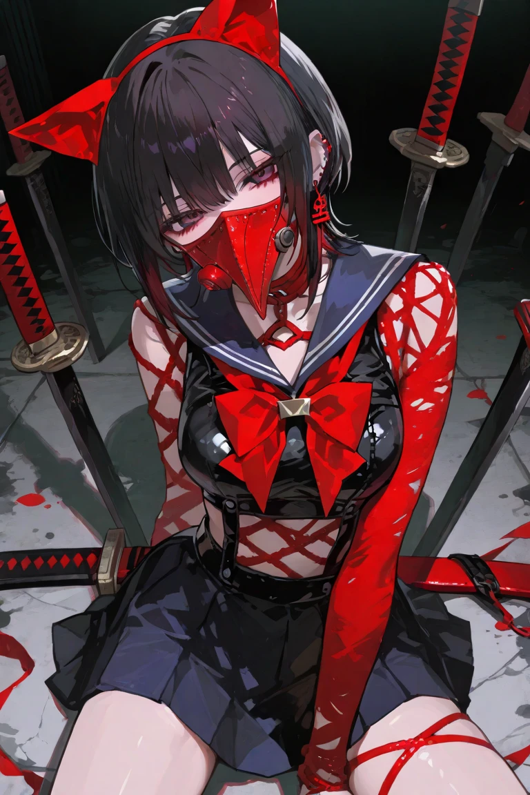 Fear screen,darkly,Ghastly,blood vess,Dilapidated building,Suspenseful atmosphere,Sudden startle,Horror images appear,spine-chilling,Broken laundry,and hold your head in your hands,There are wounds on the breast,Wear only intimate clothing