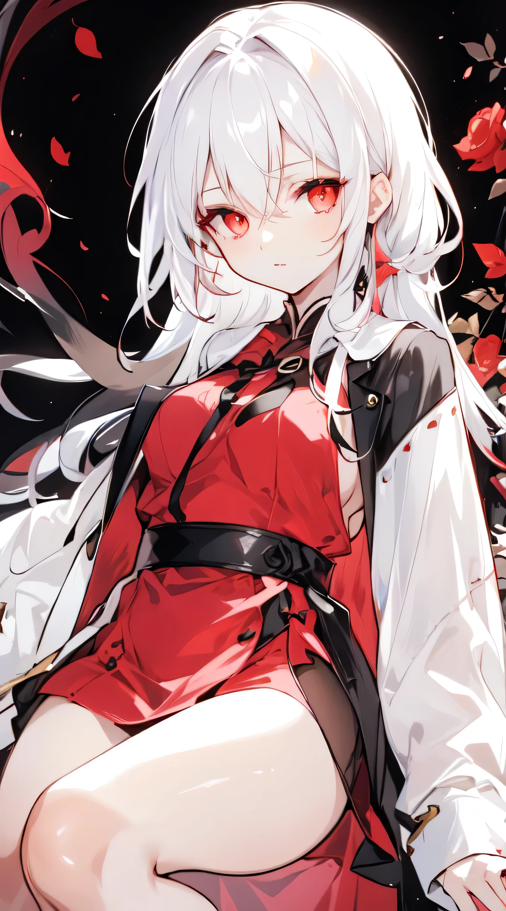 "An elegant and mature woman with long white hair attached, bright and pointed red eyes, porte une jupe noire court dans le dessert et a l’air cool."