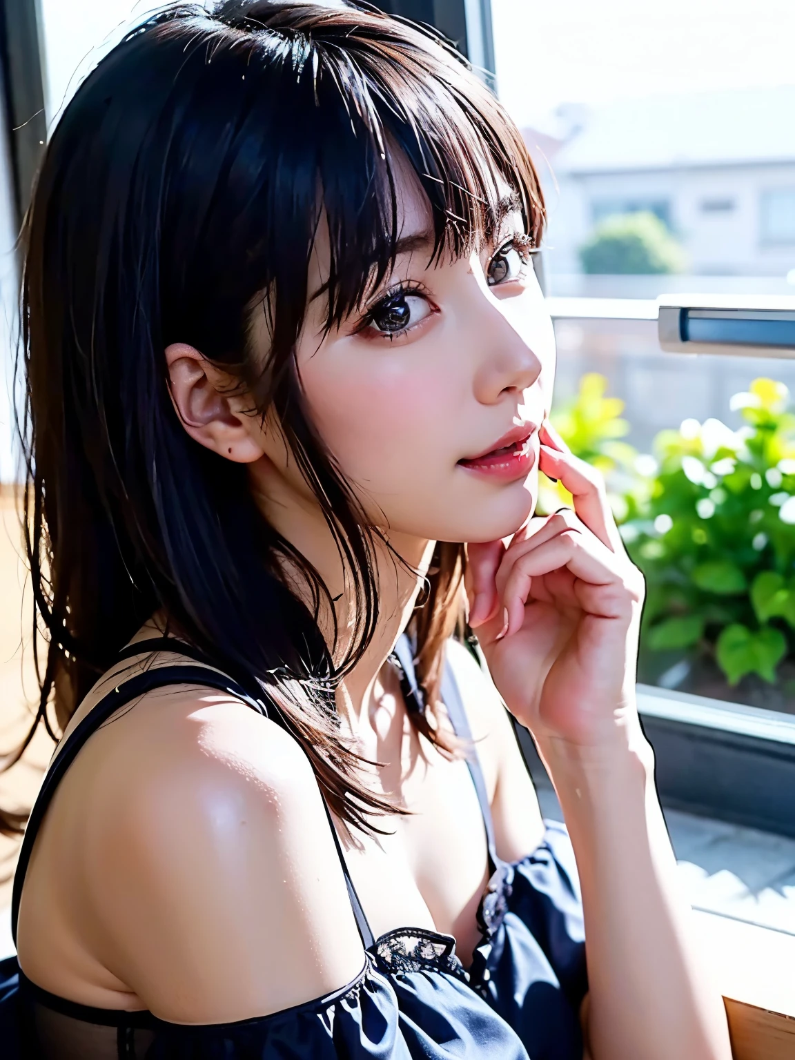 (8k, RAW photo, best quality, masterpiece:1.2), london (azur lane), fantacy_world, 1 girl, (aegyo sal:1), cute, aged down, (Jpop_idol), detailed beautiful skin, huge breasts, animal ears, black hair, cat ears, grey eyes, short hair, sad hand on own face, (photorealistic:1.8), focus_on_face, looking down, arm up, sunny milk, professional lighting, photon mapping, radiosity, physically-based rendering, daytime, outdoors,