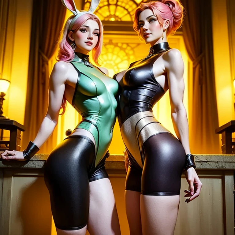 1 girl, solo, cute redhead 18-year-old girl in twin tails, ((perfect female body)) multiple rainbow colored hair, perfect detailed blue eyes, happy, Ukrainian, petite, pale skin, wearing a green metallic (playboy bunny) outfit, pantyhose, post apocalyptic background, bleak barren desert, photo realistic.