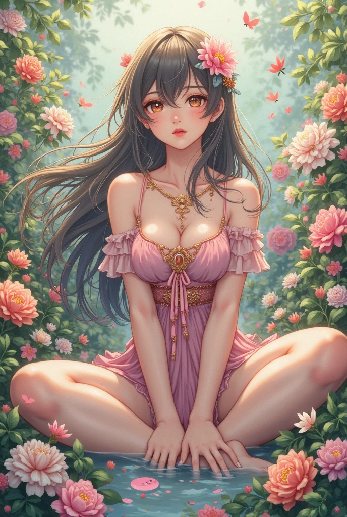 ((Tiny short young man)) anime de personagem feminina, personagem de anime grandes olhos azuis, full body standing, ((beliscando os seios enormes)), longo pink hair falling in a cascade, cintura fina, longo, ((pernas musculosas extremamente perfeitas com coxas grossas)), ((corpo nu)), pele marrom, high heel sneakers on the beach in the daytime.