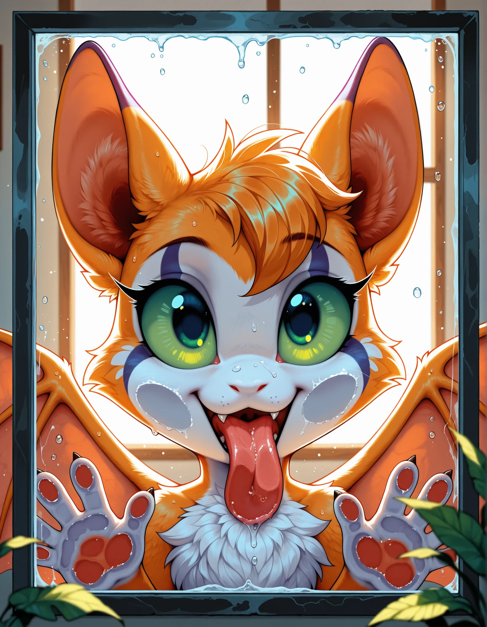 solo furry, fidget \(elysian tail\), nimbat, membranous wings, fluffy, portrait, big eyes, young, cute fangs, (licking screen, licking glass:1.25), BREAK, masterpiece, best quality, high quality, particles effect, [:by Desubox:0.15], [:by Anchee, by Snowskau:0.55], detailed background, detailed foreground, silhouette, depth of field, backlighting, plant, water drop