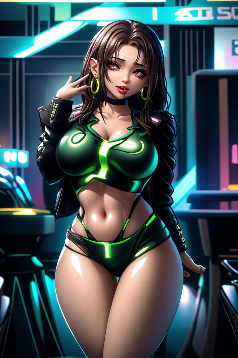 Nightclub cage, (( , unreal Engine, cel-shaded animation, masterpiece, hdr, 4k, ray tracing detailed background, amazing quality, incredibly aesthetic, incredible sharp absurd res, incredibly sharp gradients, deep highlights), : (Connie maheswaran, strong sensuous, well-built, voluptuous, amazing dark skin, light black eyes, flowing, shining, wavy black hair tight dragon braid, strong, heart hips, big breast, big butt, long legs), :
(provocative, accentuating gogo dancer white crop blouse, green tie, black loose knee-high suspender school skirt, white socks, black combat boots, red weighted gloves, green panties,dancing enticing vivacious provocative in a nightclub, , hypnotically moving hips and ass looking over her shoulder within a cage, flirtatiously smirk, pink gem butt tattoo on ):perfect face, perfect hands, perfect charm, mischievous prankster, impact frame, motion lines, details, cool tones, rich atmospheric shading, sensual shadowing, Life size body, dynamic angle, dynamic pose, dynamic perspective, dynamic Line of action, dynamic scenery, atmospheric lighting, Cinematography,