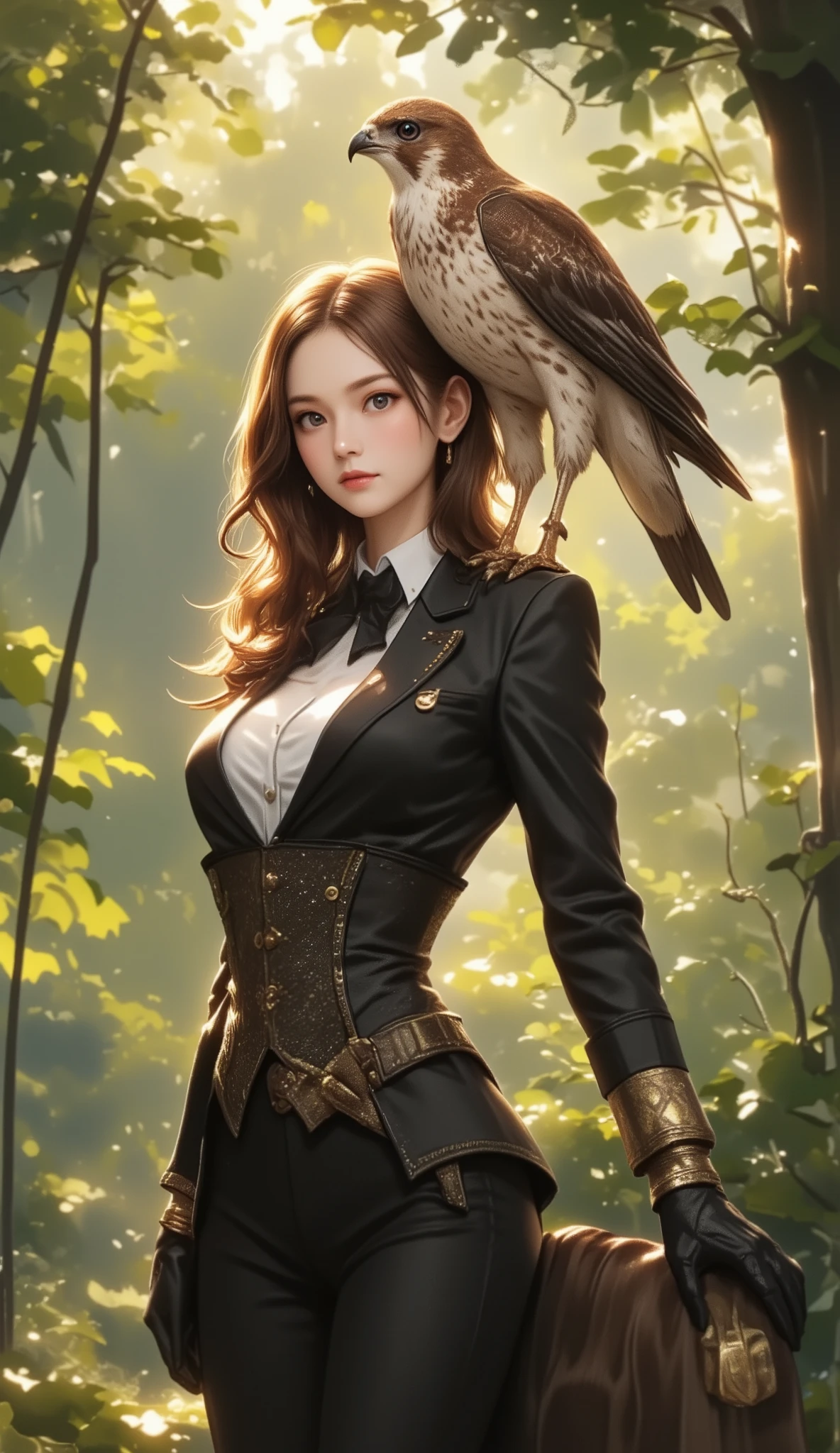 fantasy, (A falcon dressed as a butler), A falcon dressed as a butler on the shoulder of a female falconer