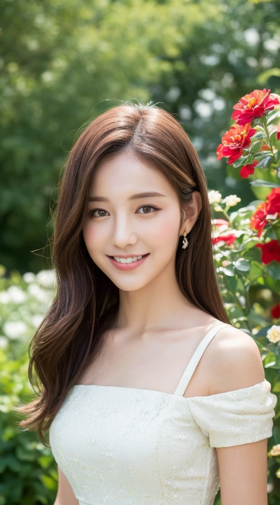 ((best quality, 8K, masterpiece: 1.3)), beautiful woman, pure, melon face, kind and cute, sweet smile, pure desire, slender body, (((Random body direction))), (tilted head), ((looking at camera)), pure desire, wearing a random color short dress, black silky long hair, long flowing shoulders, round black big eyes, clear big eyes, moist red lips, sweet, sitting in a lounge, Decorated with brightly colored flowers cafe background, 28 years old, ((chest to head shot)),
