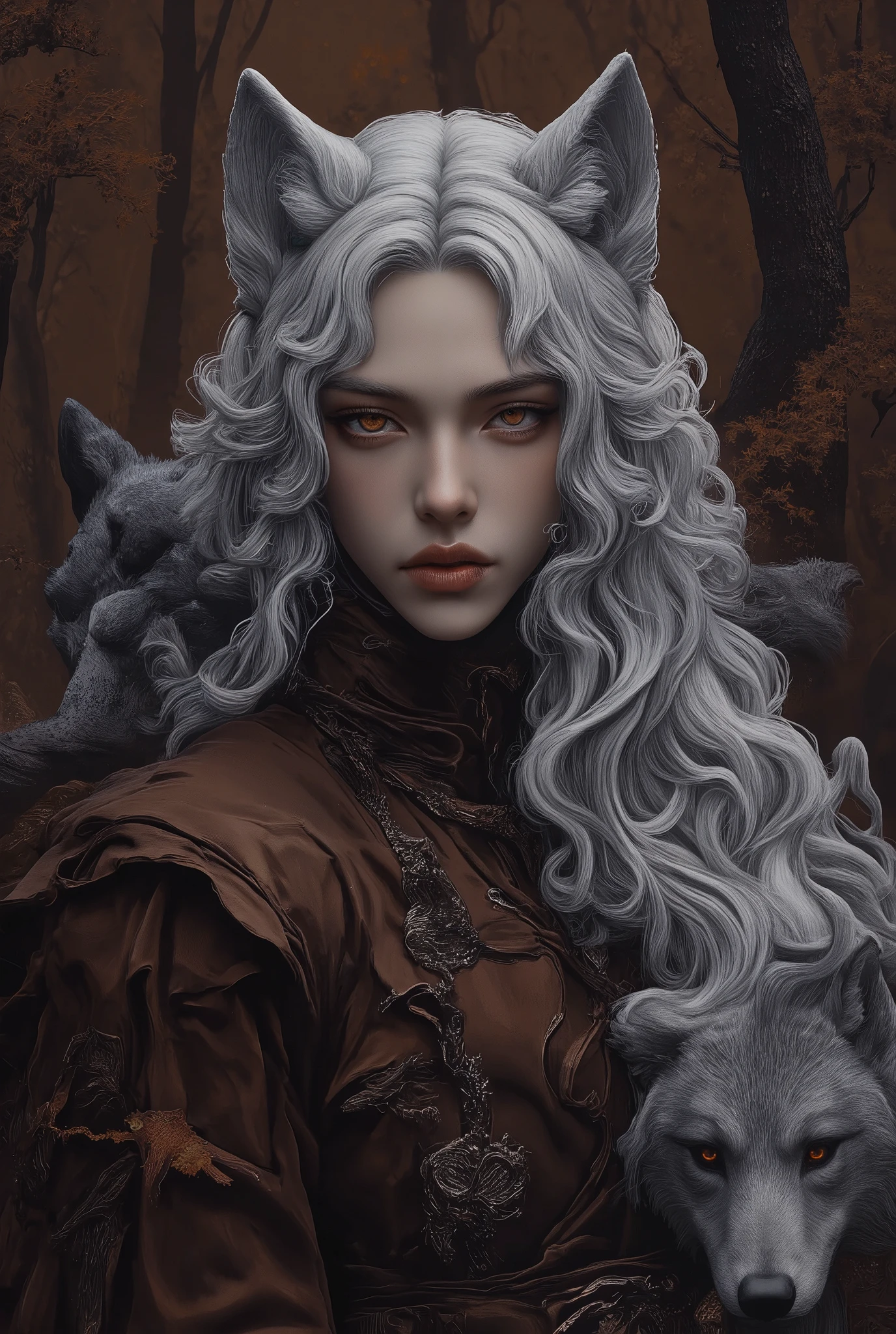 a Masterpiece, image of a Man with brown toned skin, no facial hair, he has very long thick wavy waist length that goes to his back and it’s silver hair parted, thick hair with some curls in the end of his hair, human striking facial features include sharp cheekbones, juicy lips, and brown eyes, he has a wolf ears, jaw dropping beauty with perfect cuteness face, wearing brown outfit with, the dress is showing his elegance and beautiful body, He’s looking at camera a brown forest, with trees, (in the Forrest :1.6)), the Forrest background with wolves emphasizing their surreal and otherworldly appearance, fantastical and hyper-realistic, blending elements wild sexiness and mythological elegance, hyper realistic, anatomically correct, cinematic color grading, nq