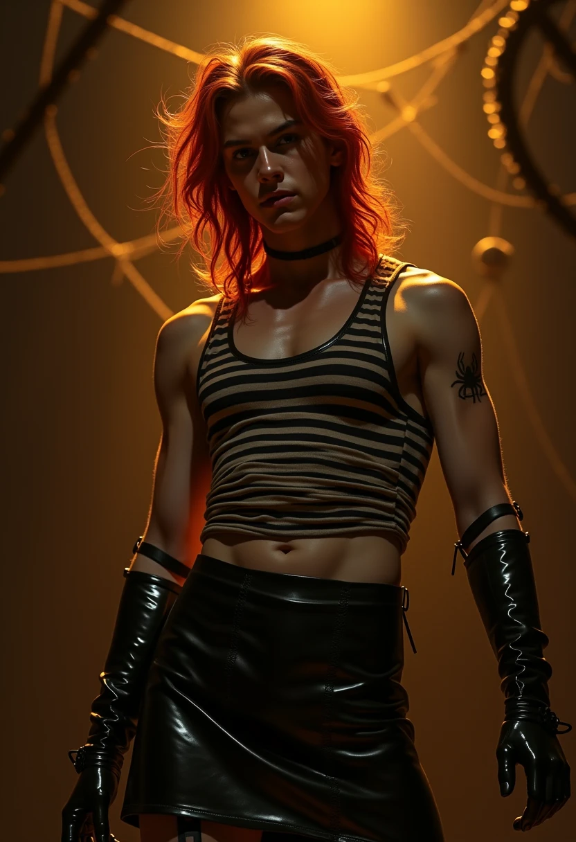 hyperrealism, (photorealistic:1.2), (photorealistic light:1.3), masterpiece, best quality, perfect detail, professional photo, realistic photo, raw photo, realistic style, detailed face, young girl 19 years old, red hair, mohawk, short hair, thin, small breasts, leather jacket, leather shorts, on a rock stage, posing, spotlights, spotlight