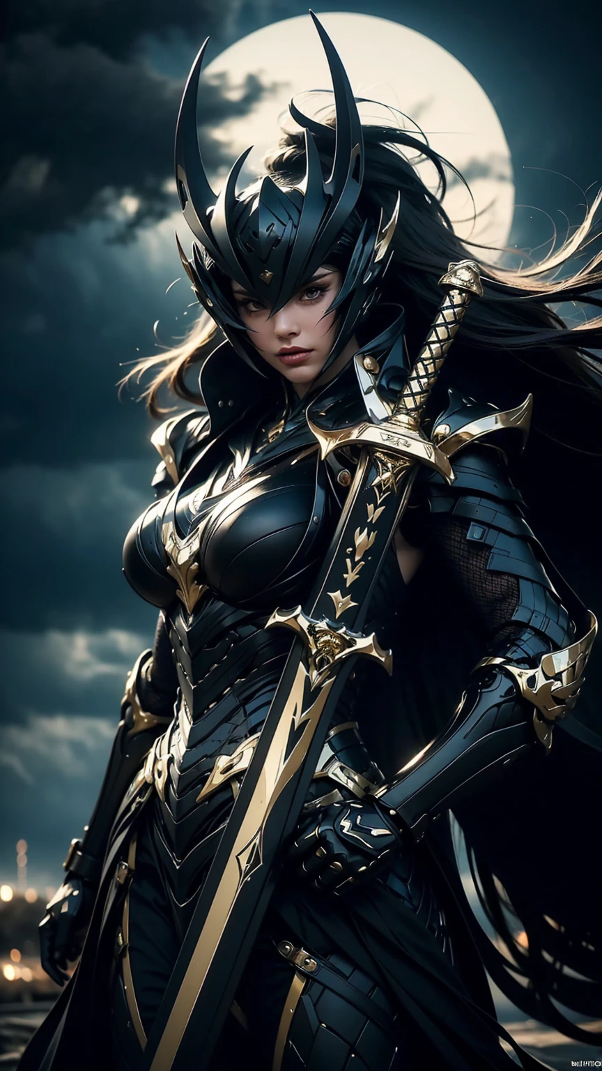 Highest quality, Delicate face, 1, Slender body, Metal body, Ample breasts, A light smile, Metal structural frame, Seaside, Standing posture, Beach, Huge spaceship floating in the air, cyber punk, sf、Black Knight,Knight in black armor,Thrusting a double-edged sword into the ground,Hold the hilt of the sword with both hands,Black Cape,Otherworldly Armor,Gold Color Line,Night Forest,fog,A cloak fluttering in the wind,(Wearing a black robe over armor)