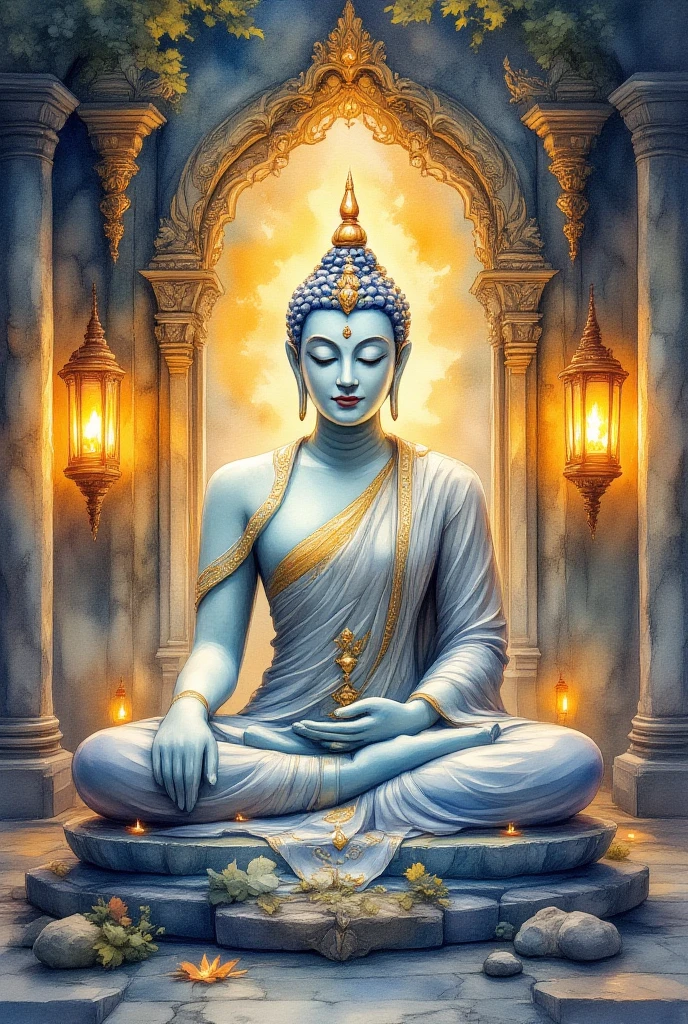 BUDDHA STATUE，had his hands folded，((Tears of pity))，Behind the Buddha in the foreground is the temple building，the trees，Under the Bodhi tree，（vibrant with colors，Sin embargo, It is slightly corroded by the environment），（metalictexture），（8k wallpaper），（Ancient Chinese folk painter painting style），（Watercolor style painting），（Noticeable light and shadow effects），（Ray traching），(There is light particle tracing)，（Fantasy mythological style)，style of surrealism，（Extremely expressive drawing technique），（Masterpiece），（Photography Award），Creative inspiration：Dunhuang murals，Ray