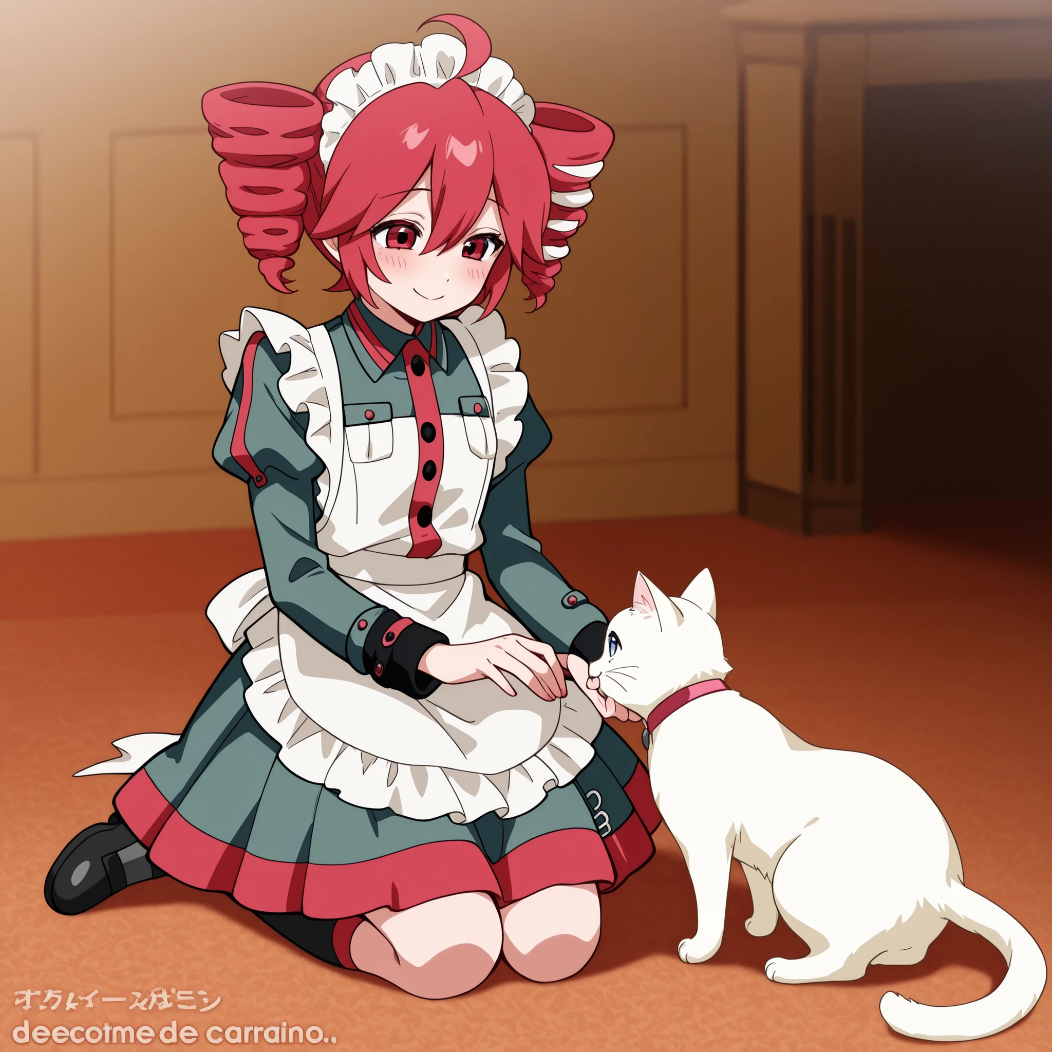 Alone,chica,Kasane Teto,maid, decoración de maid en cabeza,full body, Caressing an orange-and-white cat