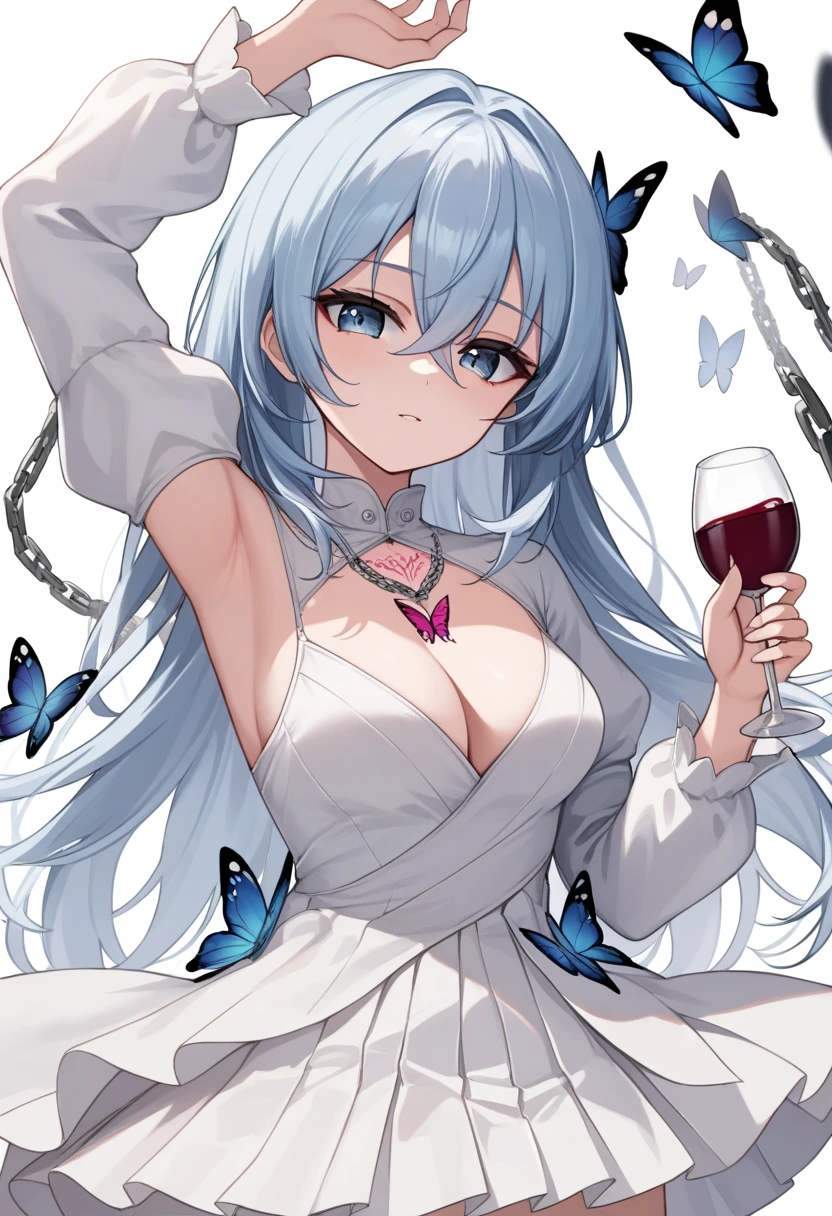 ((Masterpiece)),((High quality)),((High resolution)),((Extremely accurate and detailed representation of the human body)), A woman. Sideways slanting pose. Smug smile. Bob hairstyle. Holding a wine glass. Black off-shoulder dress. Large bust. Collar. Cleavage revealing. Waist shot. Individual.