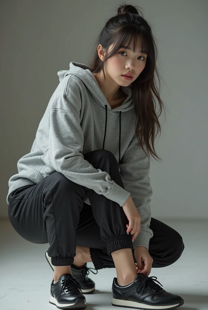Vietnamese Girl sees the ghost and pees her black ao dai pants until her pants are wet in fright.