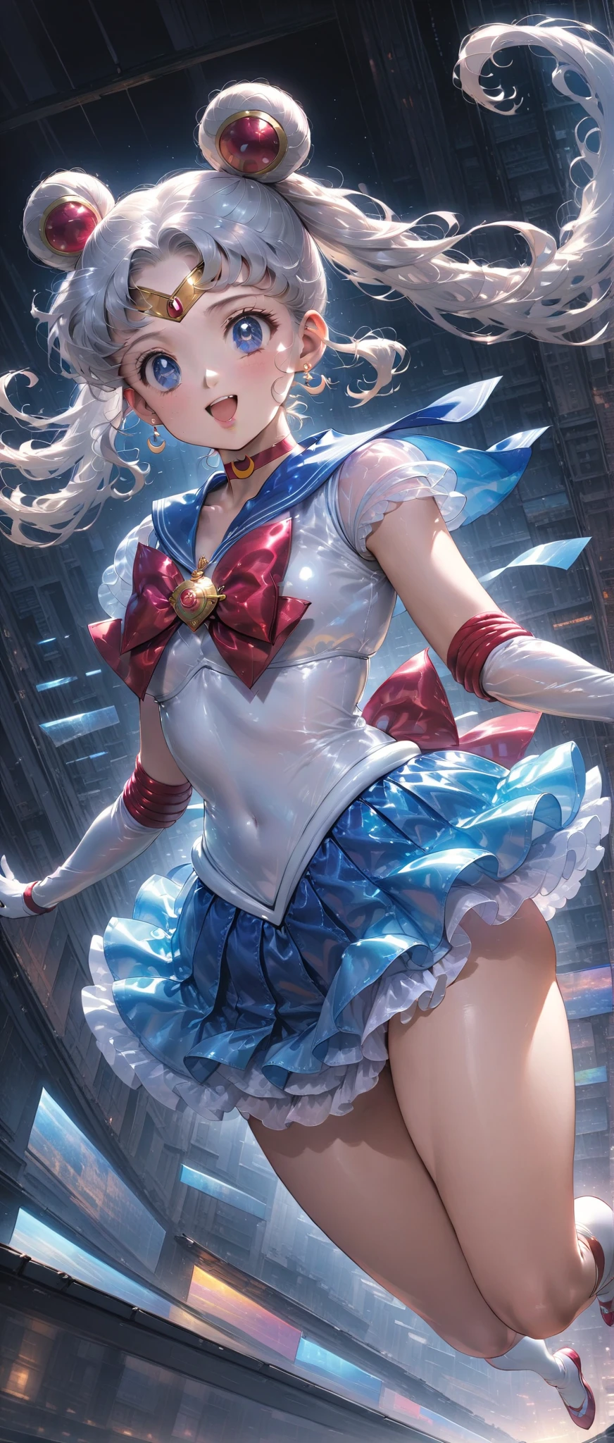(masterpiece, Highest quality, so beautiful, Super detailed), Intricate details, 12k, Honestly, Long Hair, Double Bang, Twin tails, Parted bangs, tiara, Earrings, red eyes, Red choker, Blue sailor collar, Red Bow, White shirt, Elbow hand pockets, White gloves, Blue Skirt, Are standing, Cowboy Shot,,(evil smile:1.2), 1girl,(Silver Hair:1.4),(empty eyes,:1.4),from below,looking dawn,dark aura,View your viewers