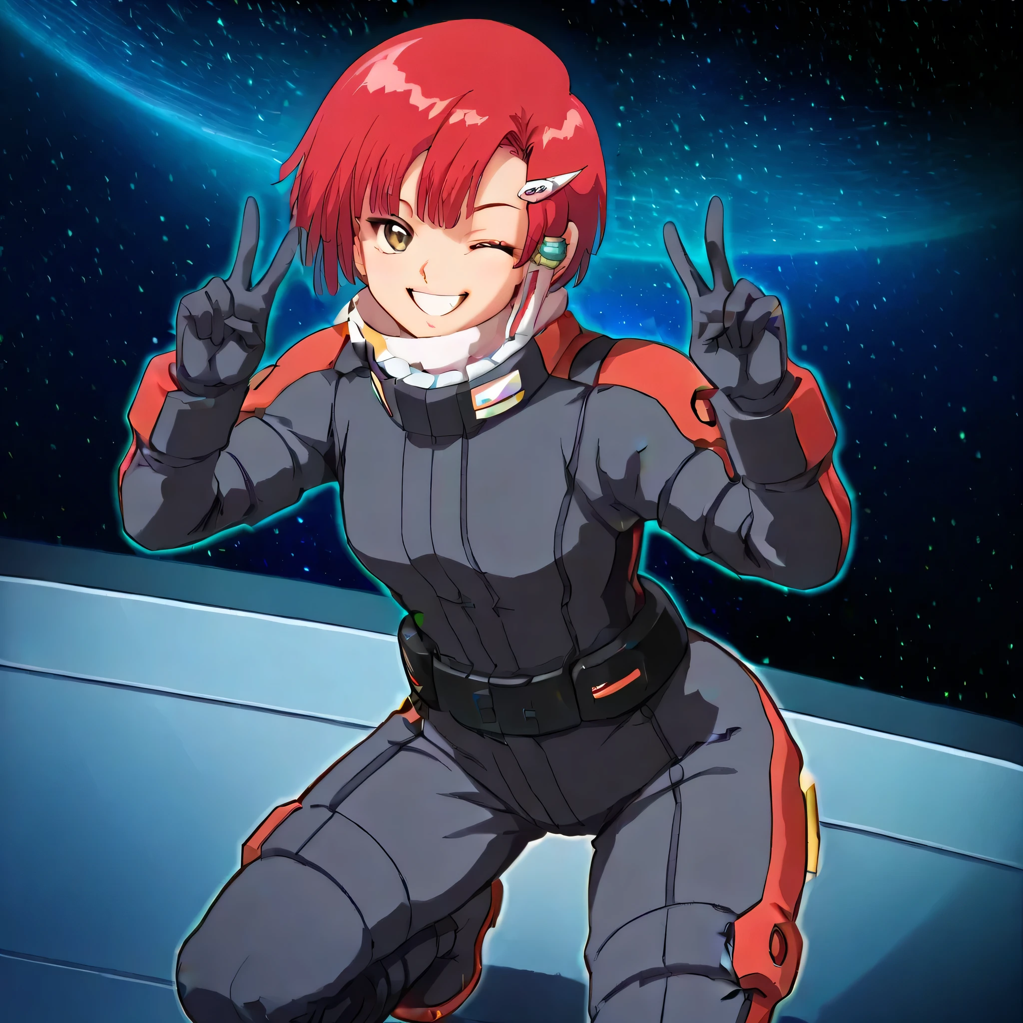 kachua rees, red hair, short hair, brown eyes, smile, wink,